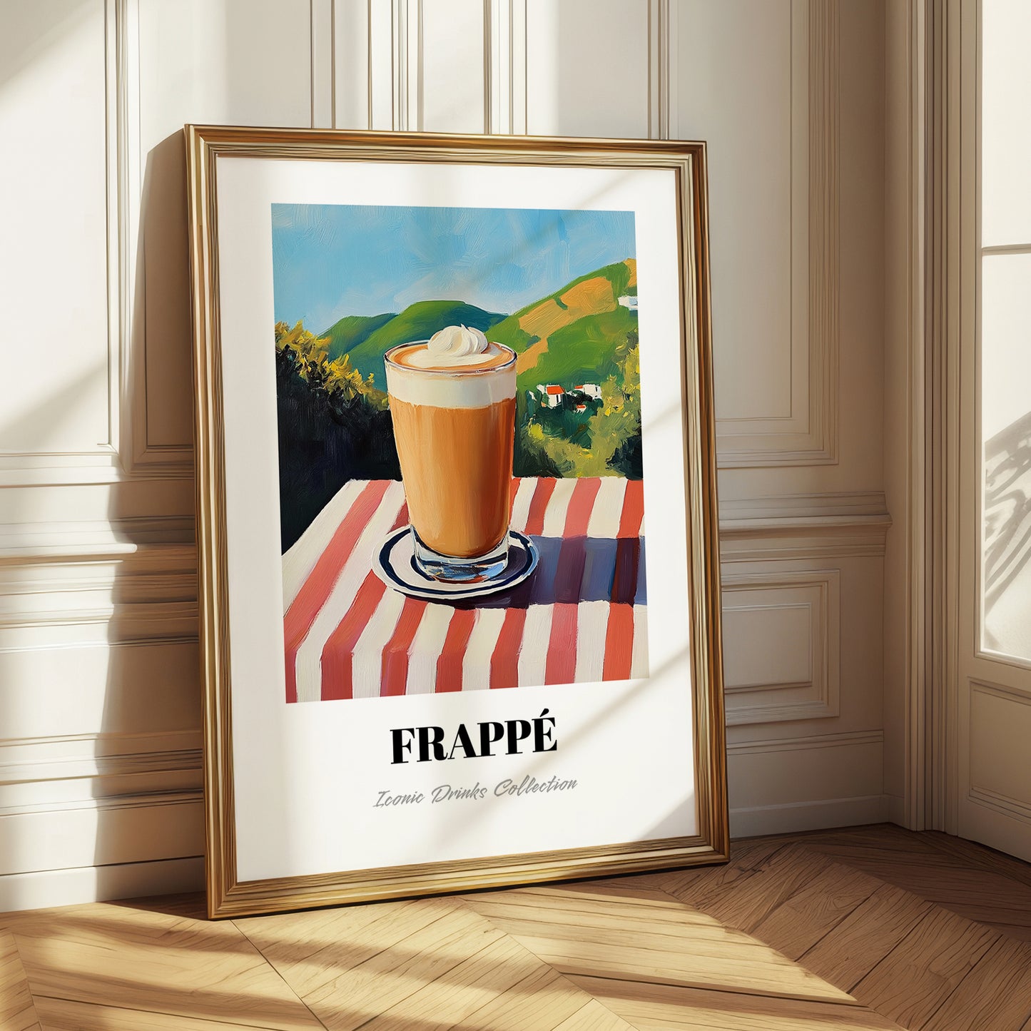 Frappé – Greek Hillside Café View, Greek Coffee Painting