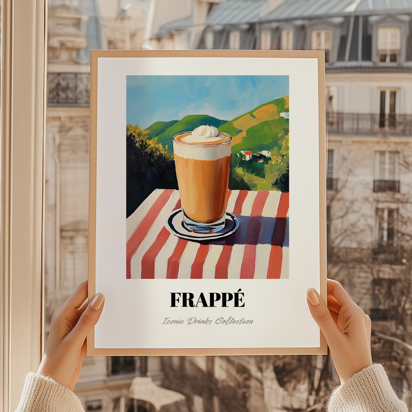 Frappé – Greek Hillside Café View, Greek Coffee Painting, styled in a charming Paris street view