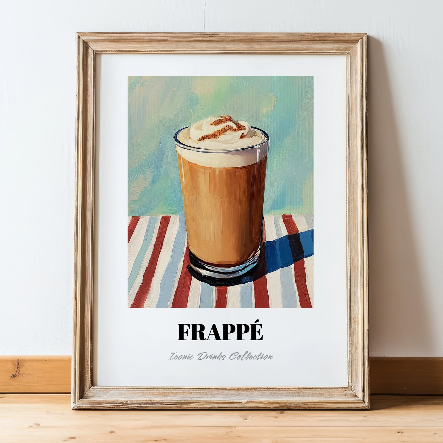 Frappé – on Striped Tablecloth, Greek Coffee Poster, in wooden frame leaning on the floor