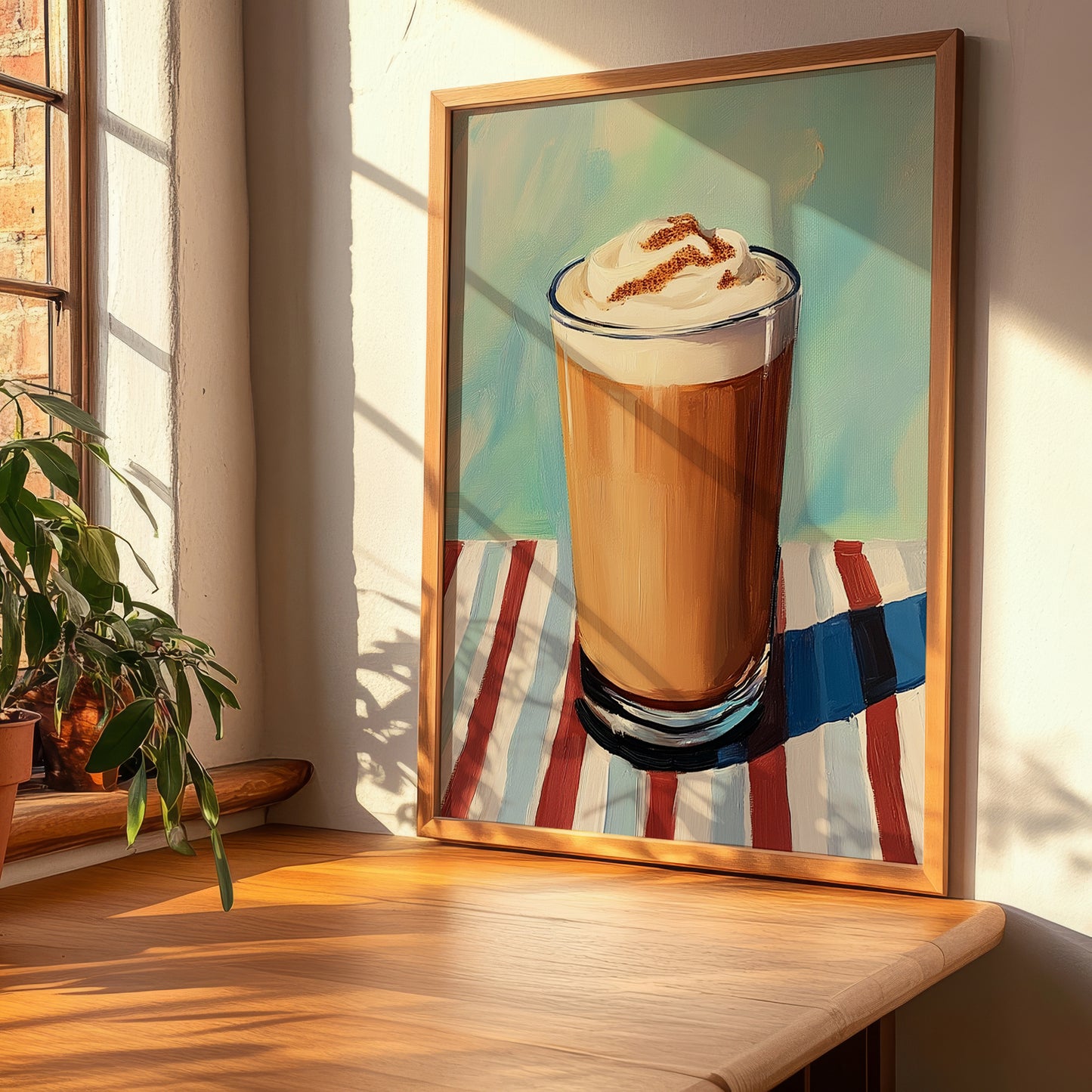 Frappé – on Striped Tablecloth, Greek Coffee Poster, clean layout with no caption