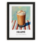 Frappé – on Striped Tablecloth, Greek Coffee Poster, in sleek black frame