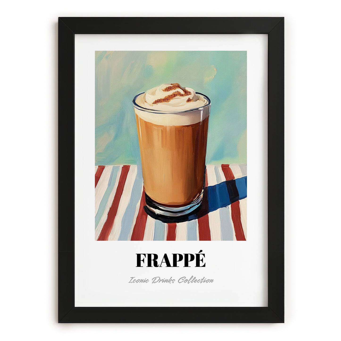 Frappé – on Striped Tablecloth, Greek Coffee Poster, in sleek black frame