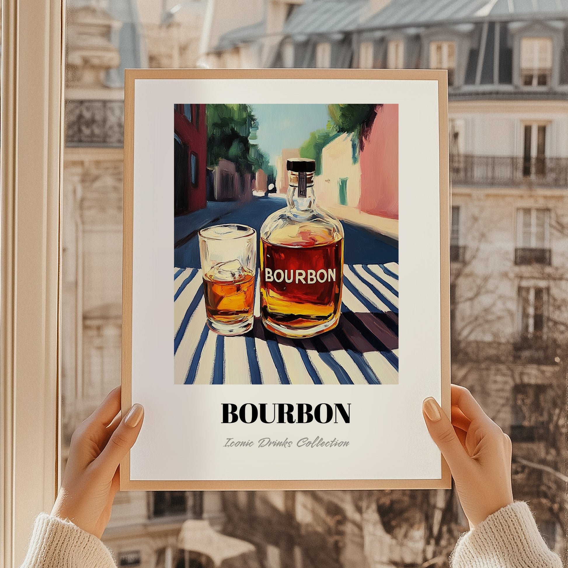 Bourbon – American Outdoor Café Scene, American Whiskey Wall Decor, styled in a charming Paris street view