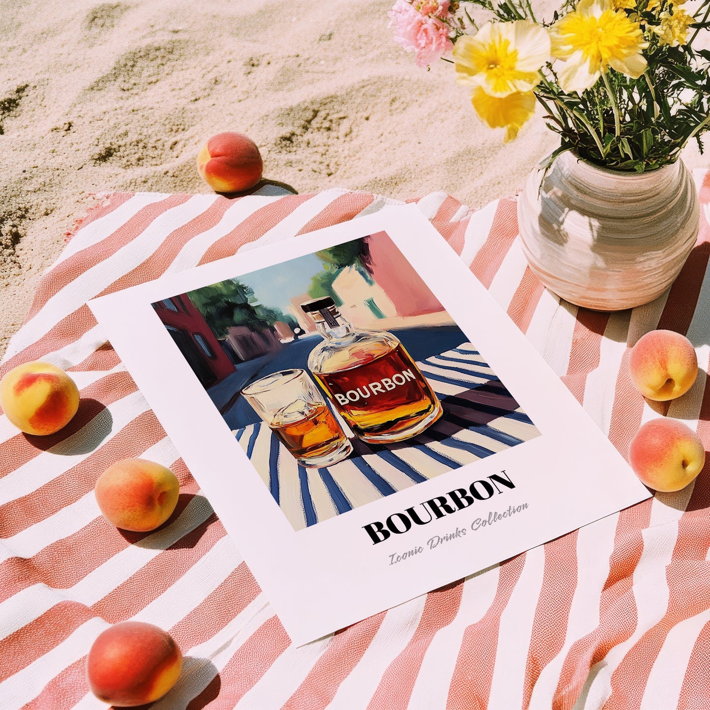 Bourbon – American Outdoor Café Scene, American Whiskey Wall Decor, unframed on coastal sand