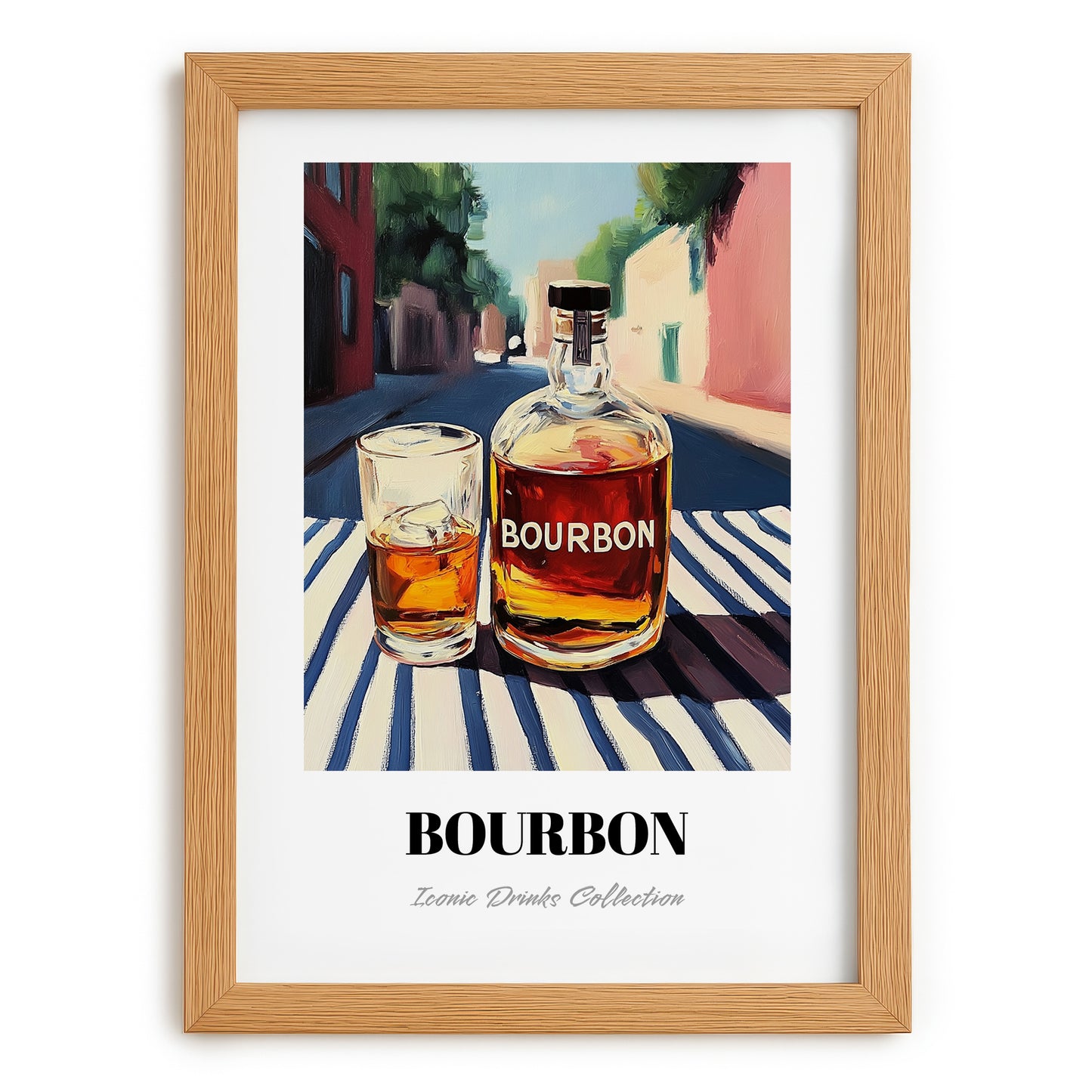 Bourbon – American Outdoor Café Scene, American Whiskey Wall Decor, set in oak frame