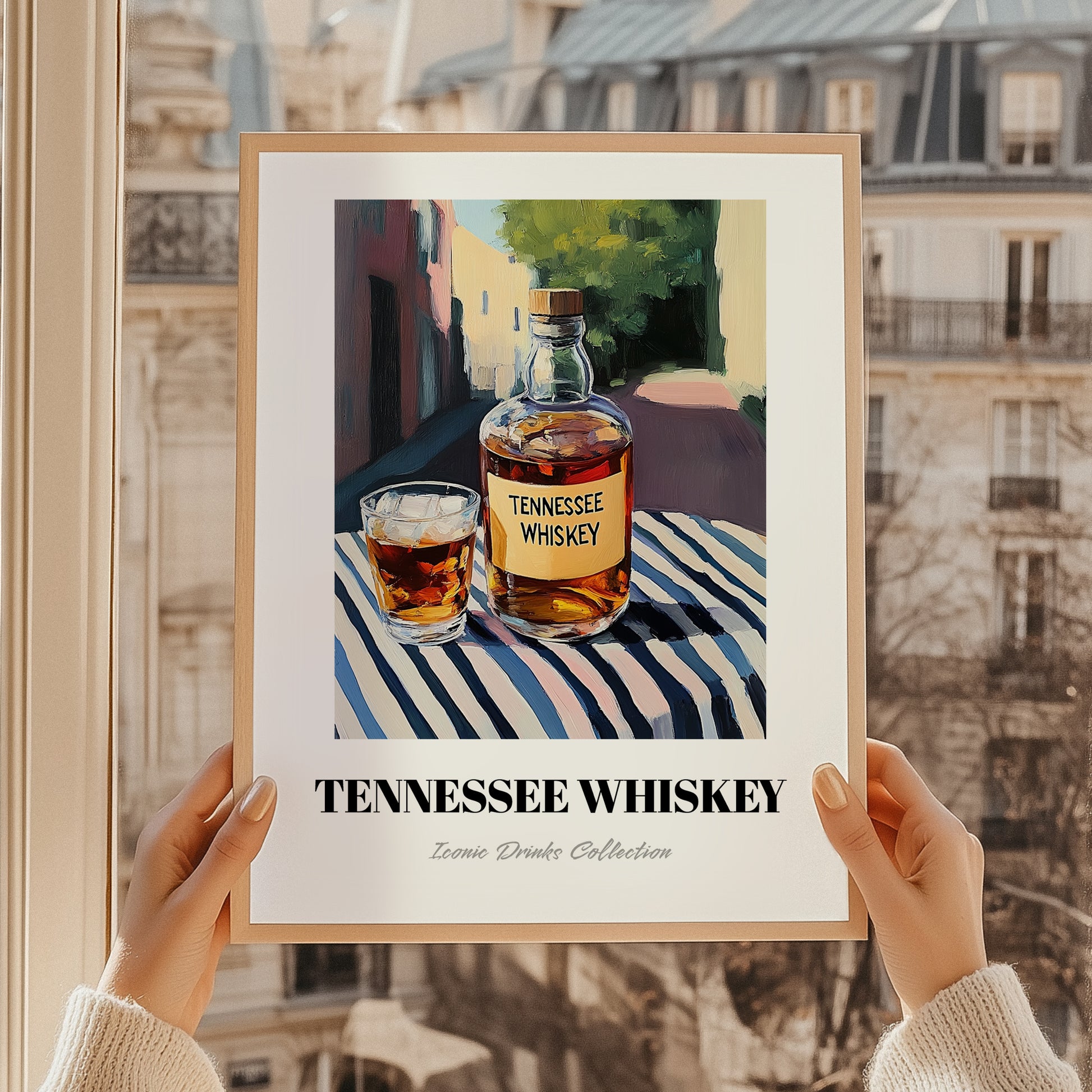 Tennessee Whiskey – American Urban Café Scene, American Whiskey Poster, styled in a charming Paris street view
