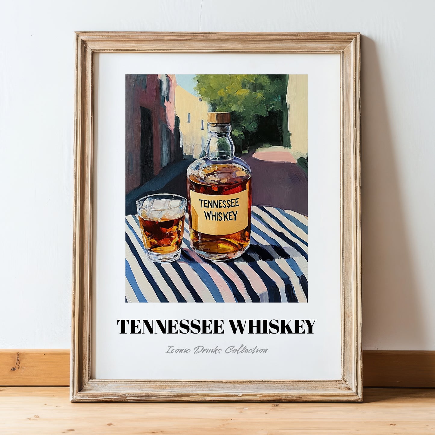Tennessee Whiskey – American Urban Café Scene, American Whiskey Poster, in wooden frame leaning on the floor