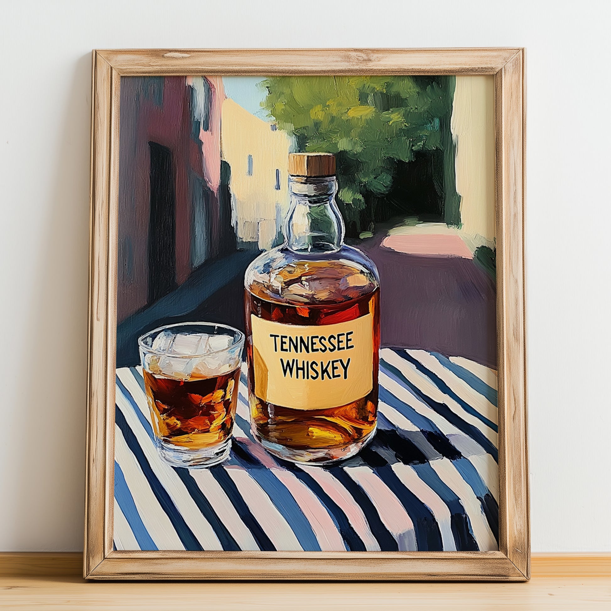 Tennessee Whiskey – American Urban Café Scene, American Whiskey Poster, no-text version framed in wood