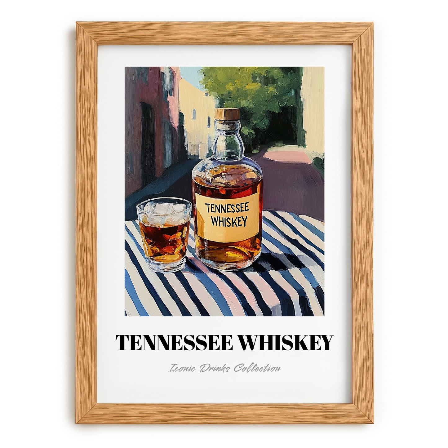 Tennessee Whiskey – American Urban Café Scene, American Whiskey Poster, set in oak frame
