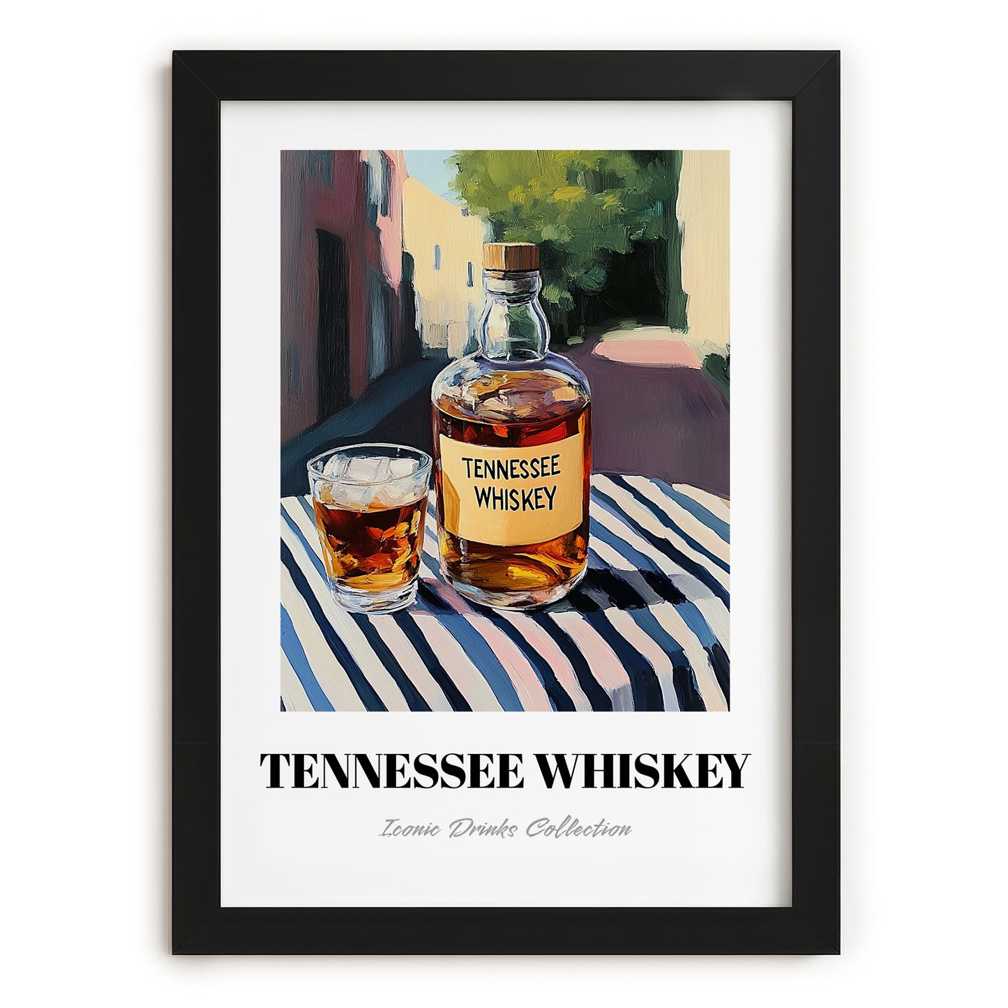 Tennessee Whiskey – American Urban Café Scene, American Whiskey Poster, in sleek black frame