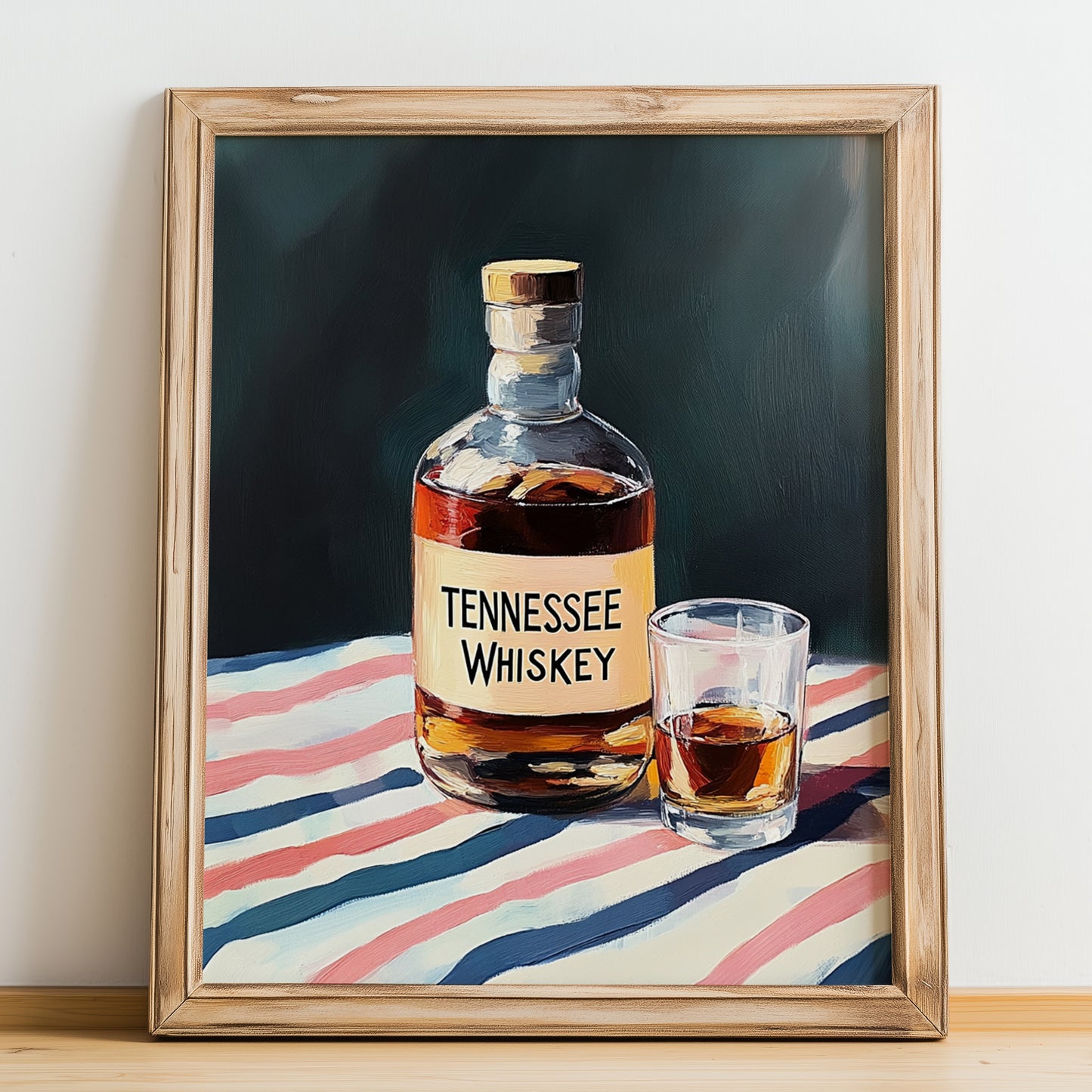 Tennessee Whiskey – on Striped Tablecloth, American Whiskey Painting, no-text version framed in wood