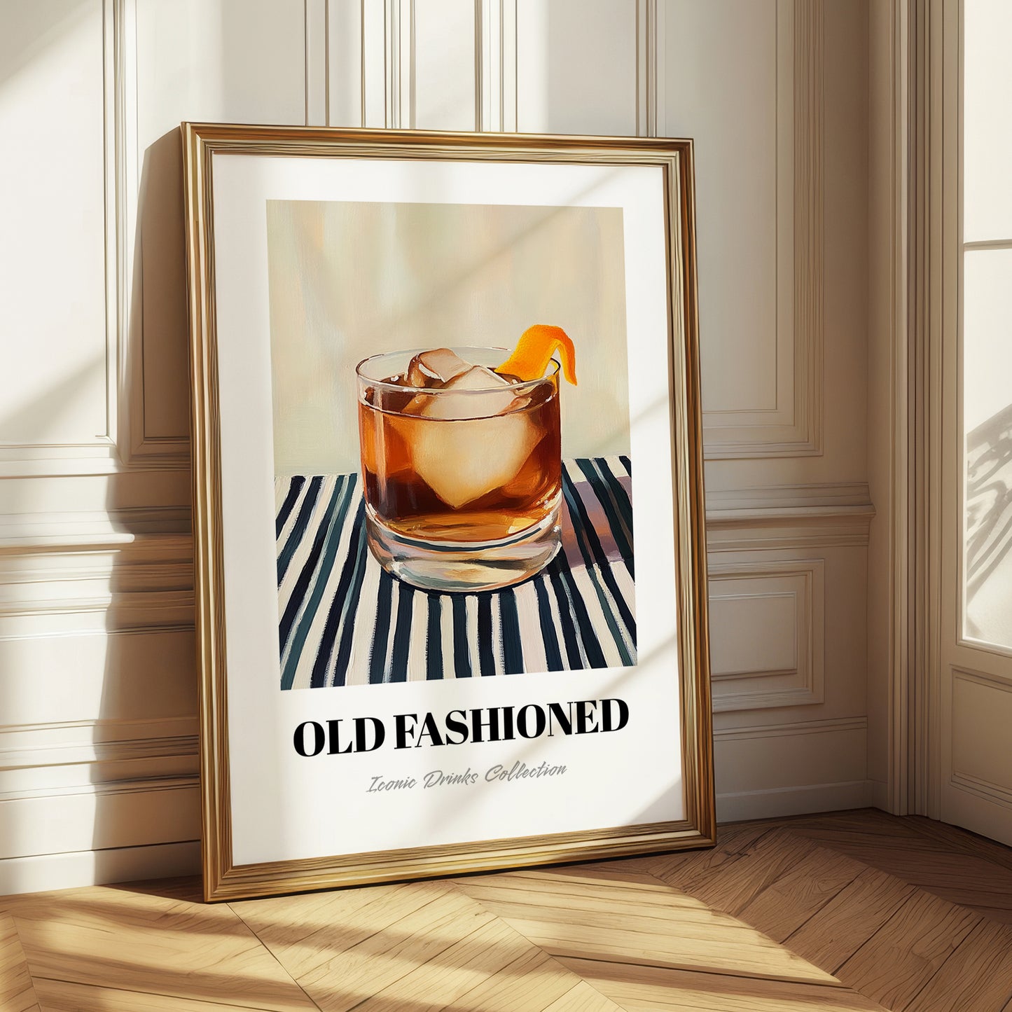 Old Fashioned – on Striped Tablecloth, American Cocktail Wall Art
