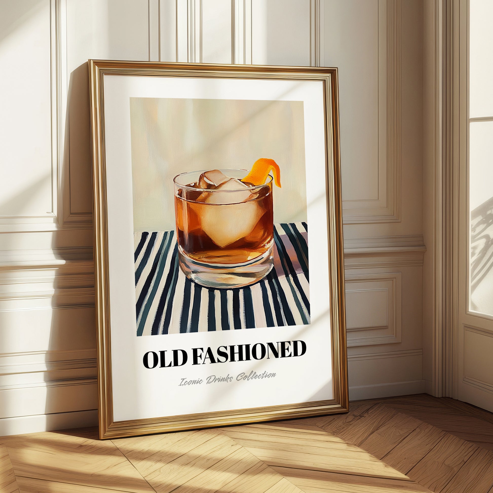 Old Fashioned – on Striped Tablecloth, American Cocktail Wall Art