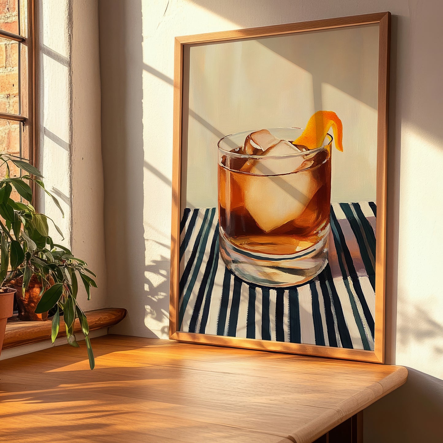 Old Fashioned – on Striped Tablecloth, American Cocktail Wall Art, clean layout with no caption