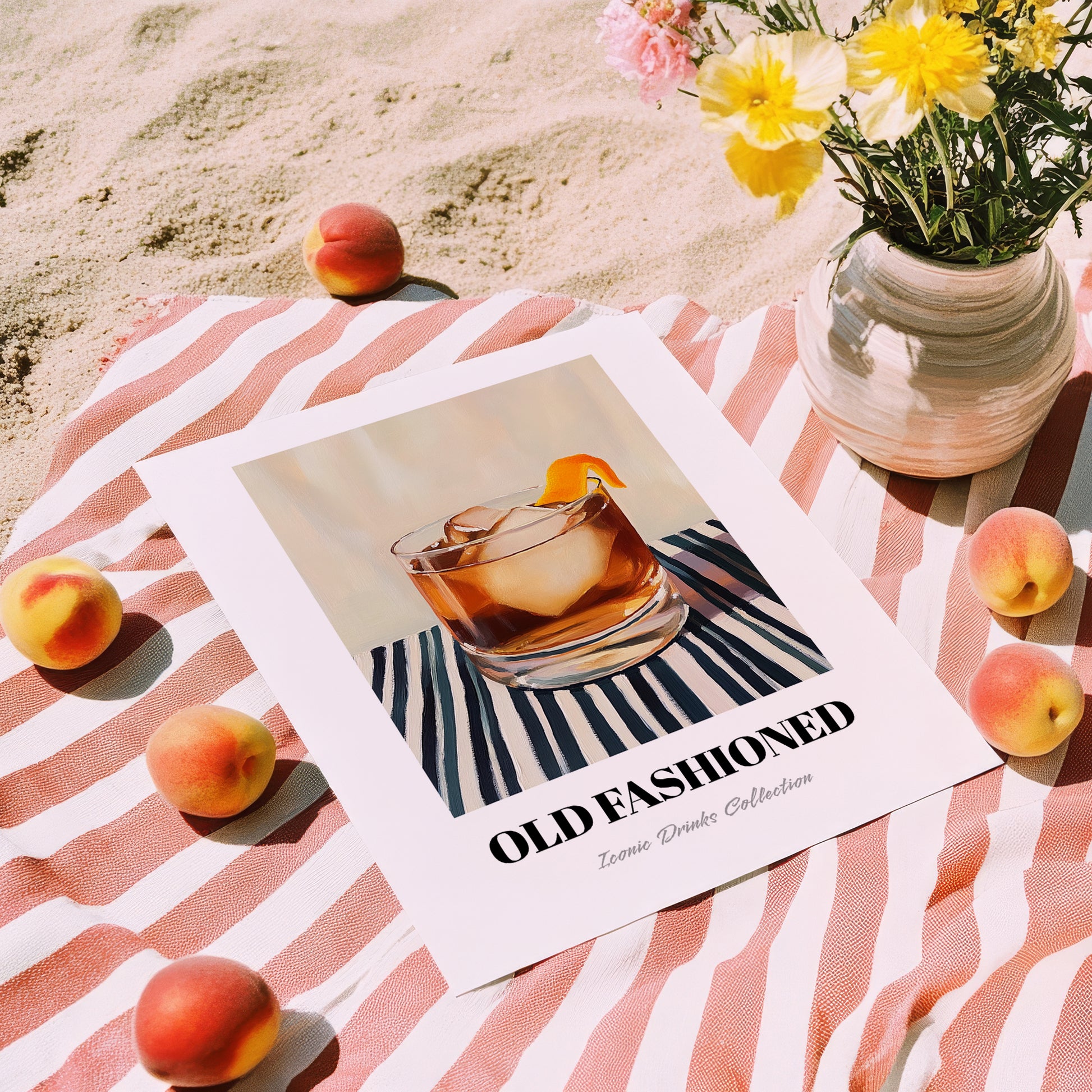 Old Fashioned – on Striped Tablecloth, American Cocktail Wall Art, unframed on coastal sand