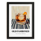 Old Fashioned – on Striped Tablecloth, American Cocktail Wall Art, in sleek black frame