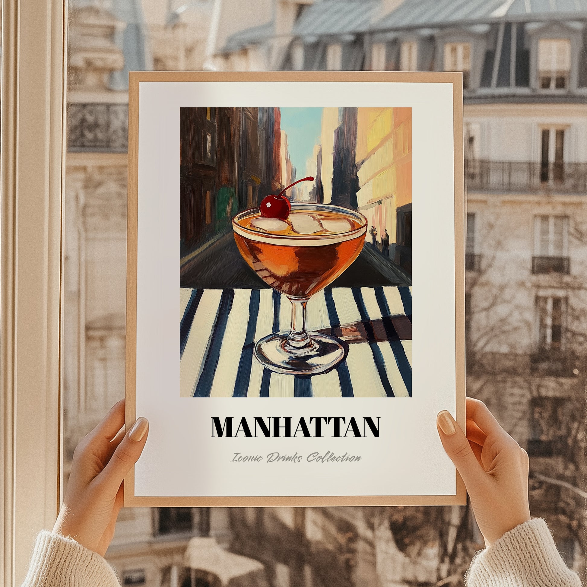 Manhattan – American Street Café Scene, American Cocktail Wall Illustration, styled in a charming Paris street view
