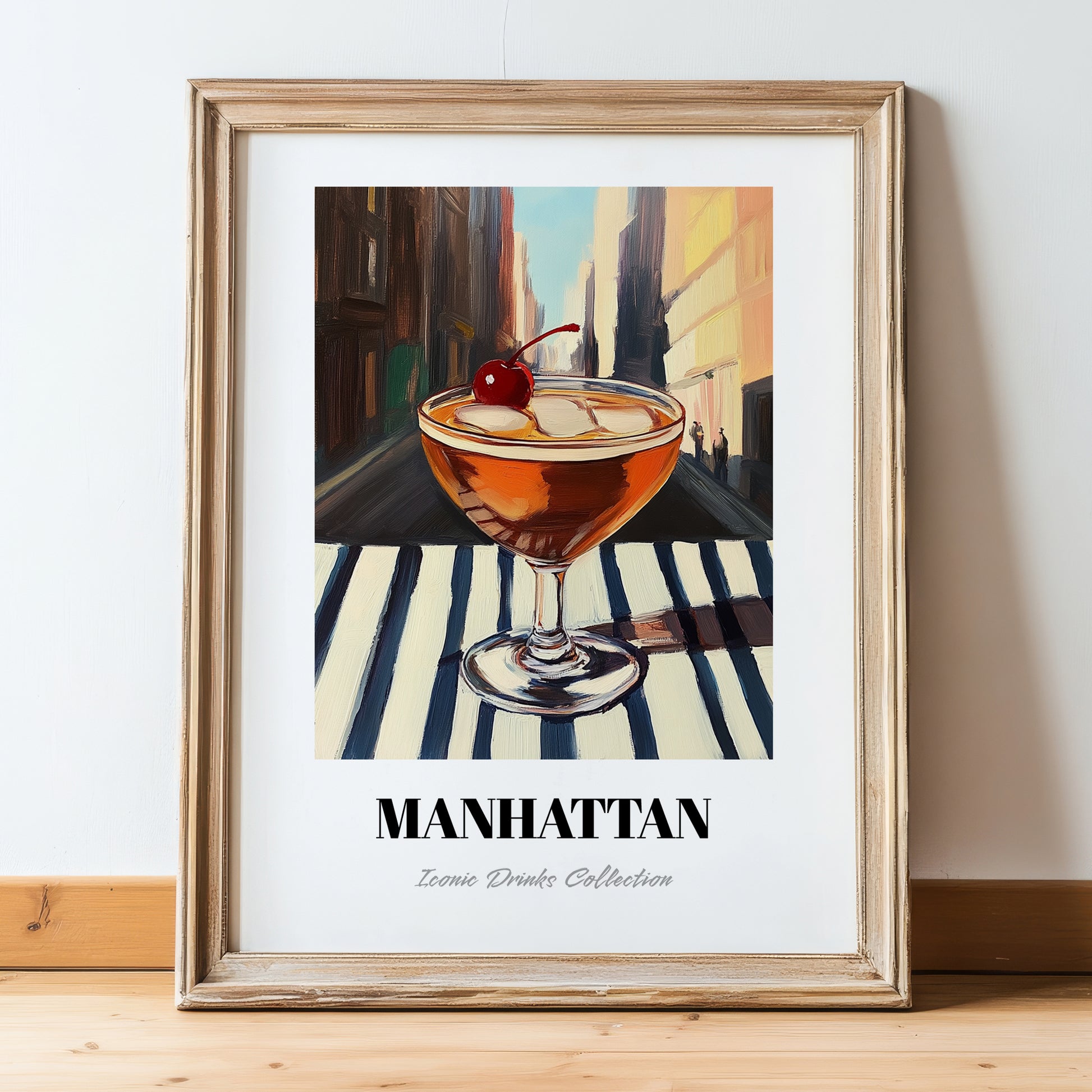 Manhattan – American Street Café Scene, American Cocktail Wall Illustration, in wooden frame leaning on the floor