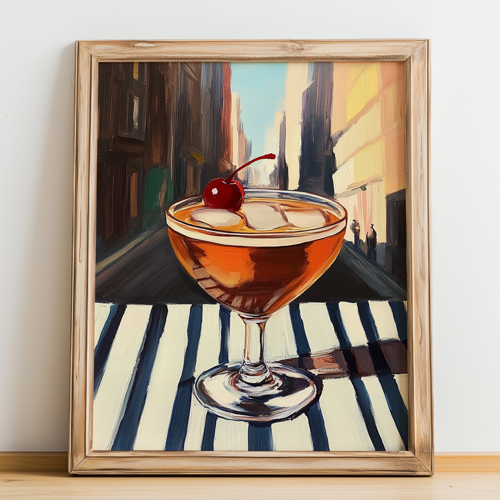 Manhattan – American Street Café Scene, American Cocktail Wall Illustration, no-text version framed in wood
