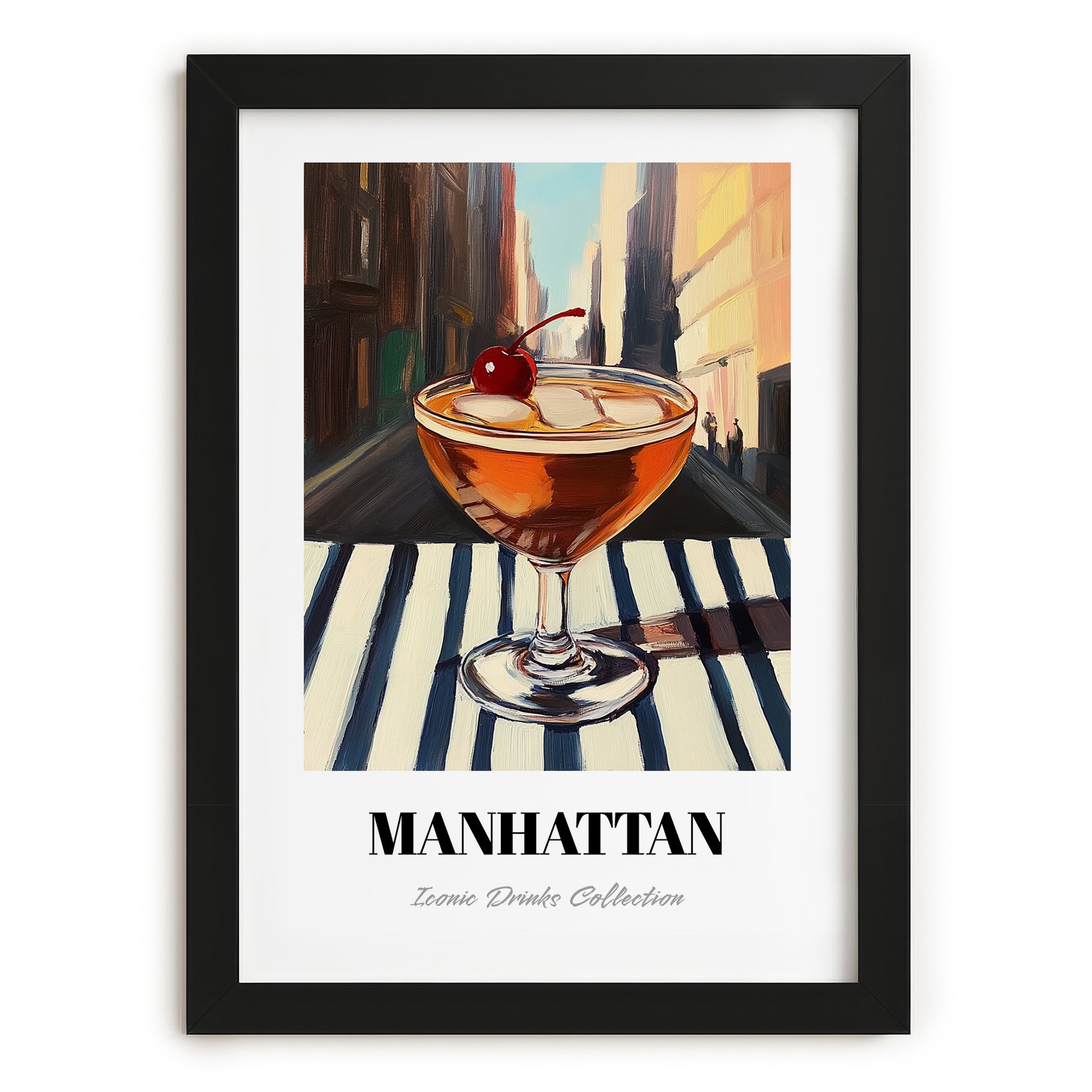 Manhattan – American Street Café Scene, American Cocktail Wall Illustration, in sleek black frame