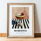 Manhattan – on Striped Tablecloth, American Cocktail Wall Art, in wooden frame leaning on the floor