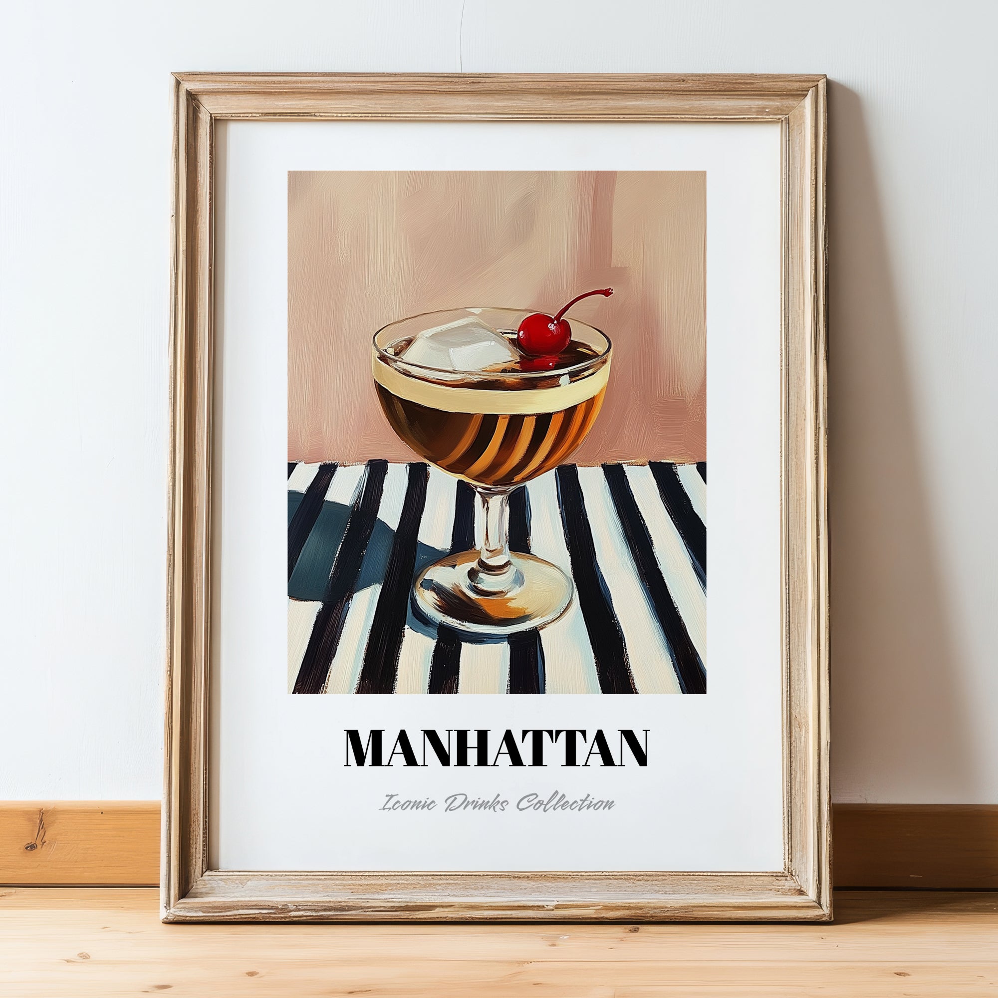 Manhattan – on Striped Tablecloth, American Cocktail Wall Art, in wooden frame leaning on the floor