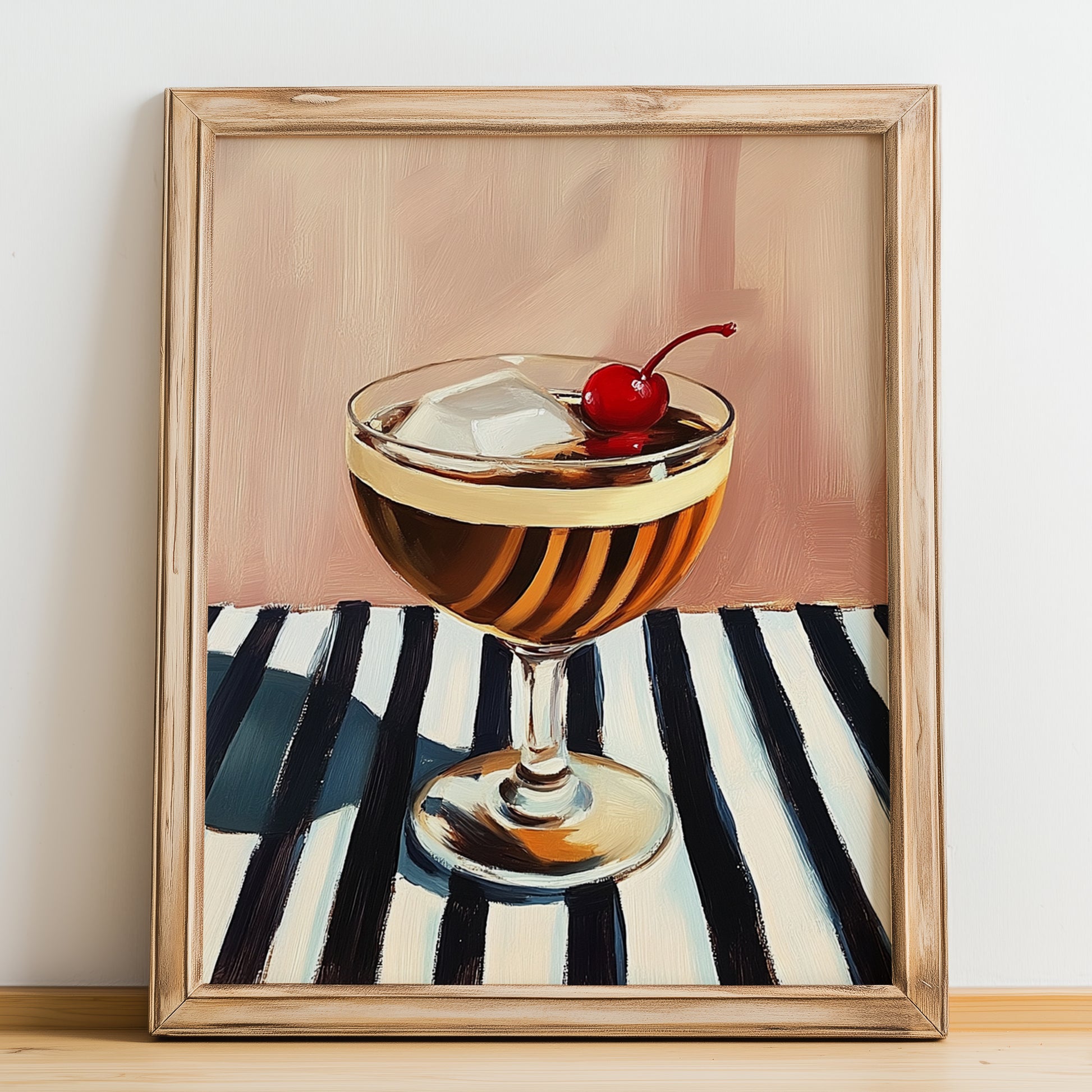 Manhattan – on Striped Tablecloth, American Cocktail Wall Art, no-text version framed in wood