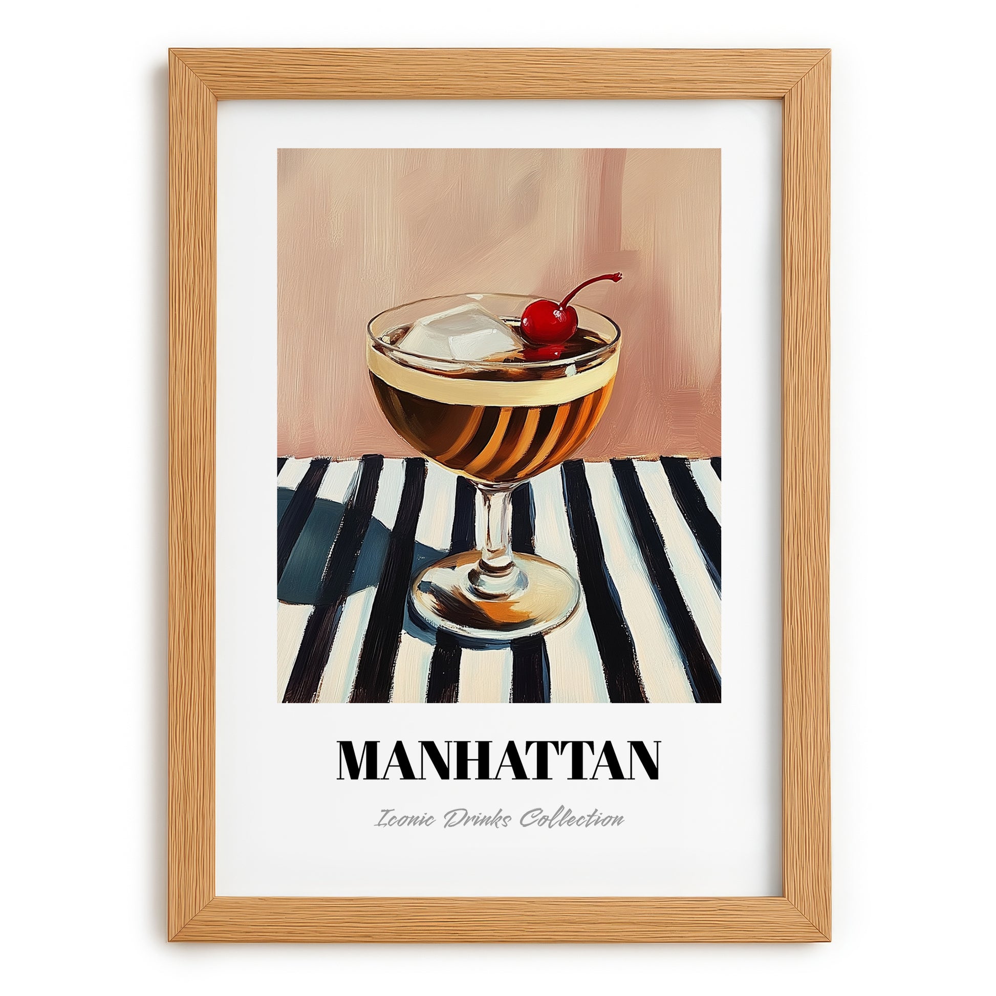 Manhattan – on Striped Tablecloth, American Cocktail Wall Art, set in oak frame