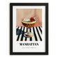 Manhattan – on Striped Tablecloth, American Cocktail Wall Art, in sleek black frame