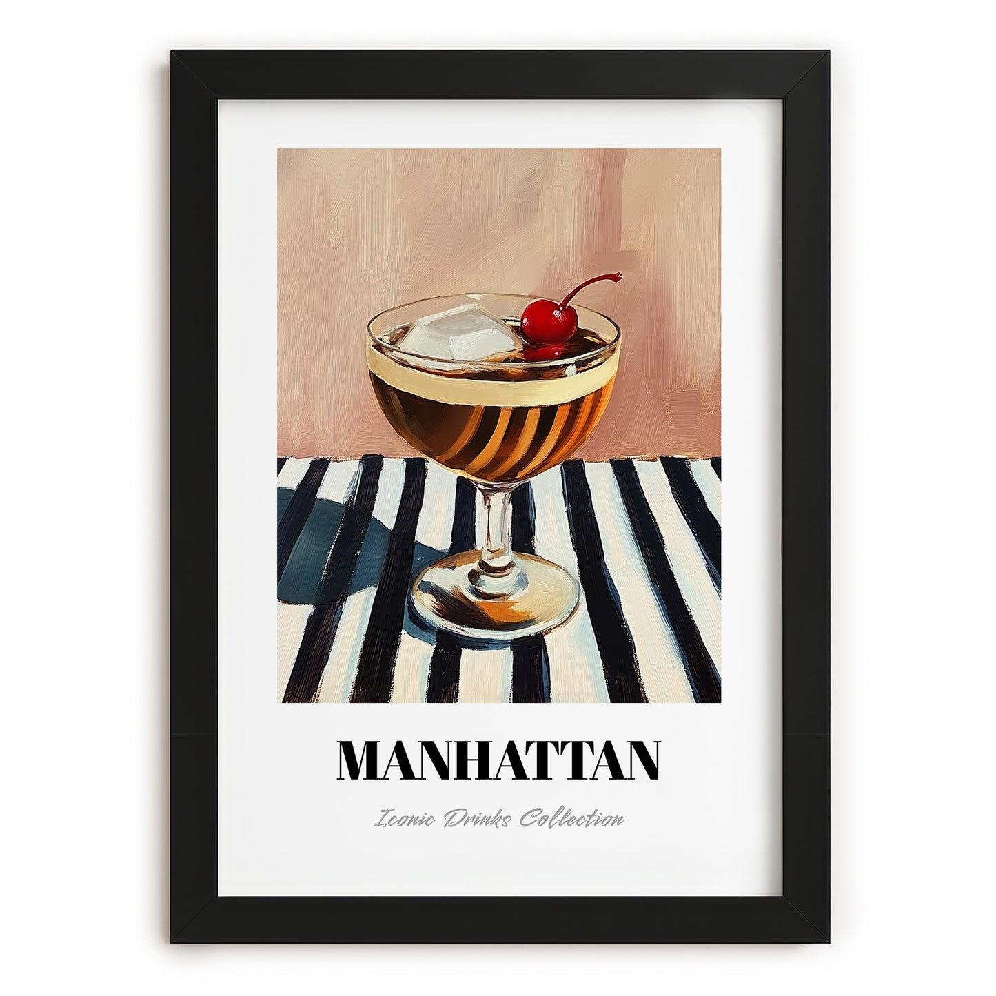 Manhattan – on Striped Tablecloth, American Cocktail Wall Art, in sleek black frame