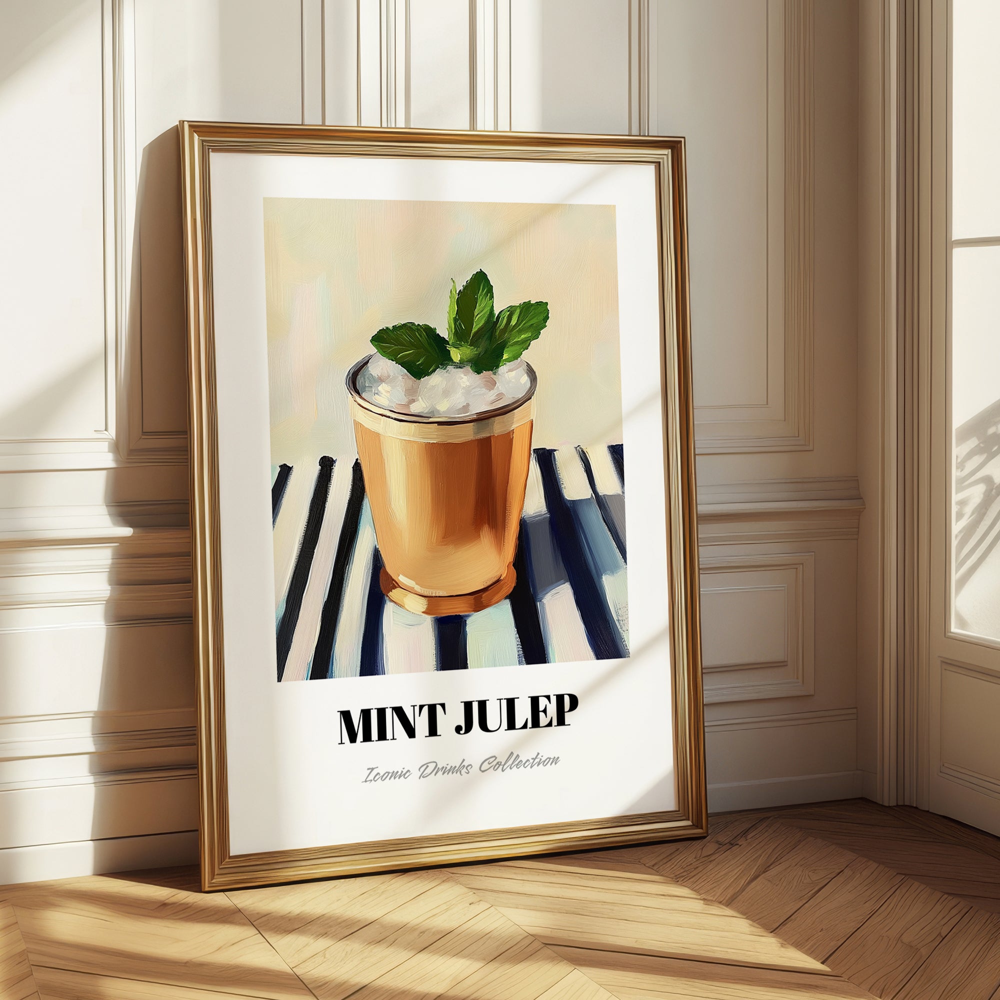 Mint Julep – on Striped Tablecloth, American Cocktail Wall Print