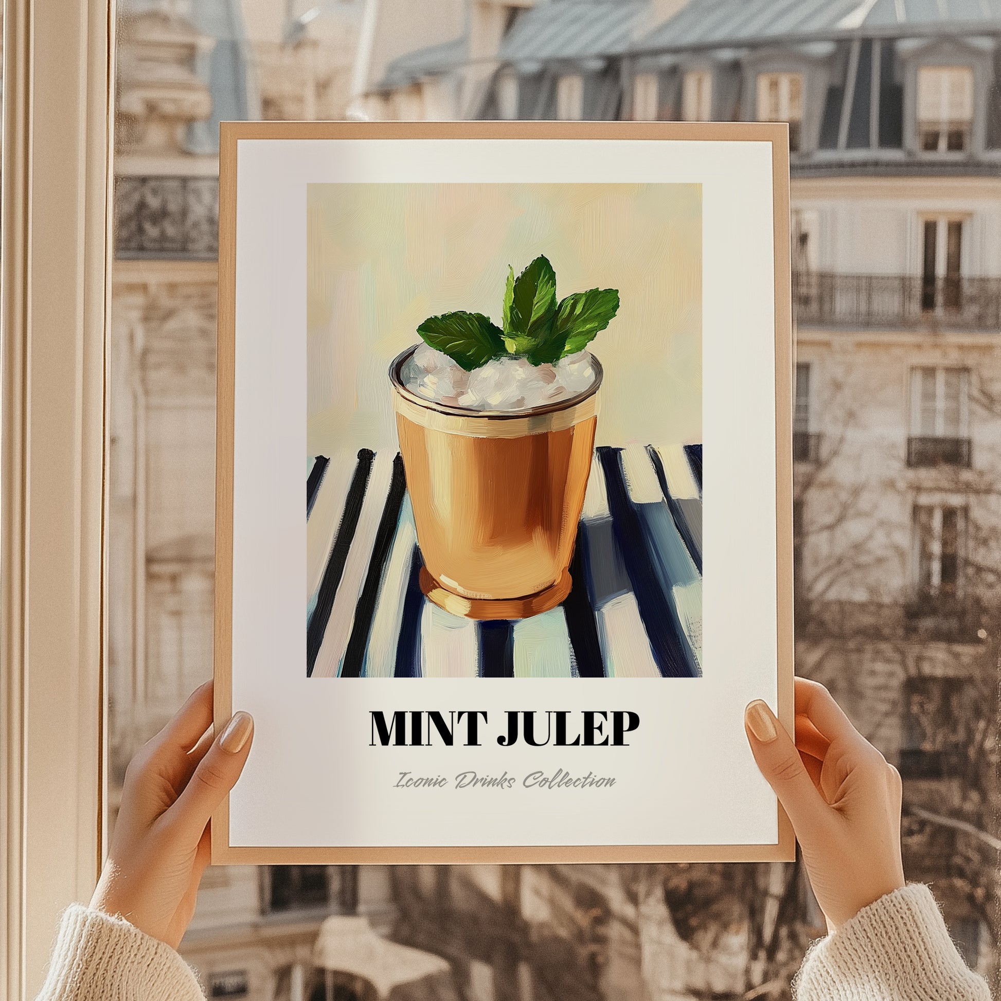 Mint Julep – on Striped Tablecloth, American Cocktail Wall Print, styled in a charming Paris street view