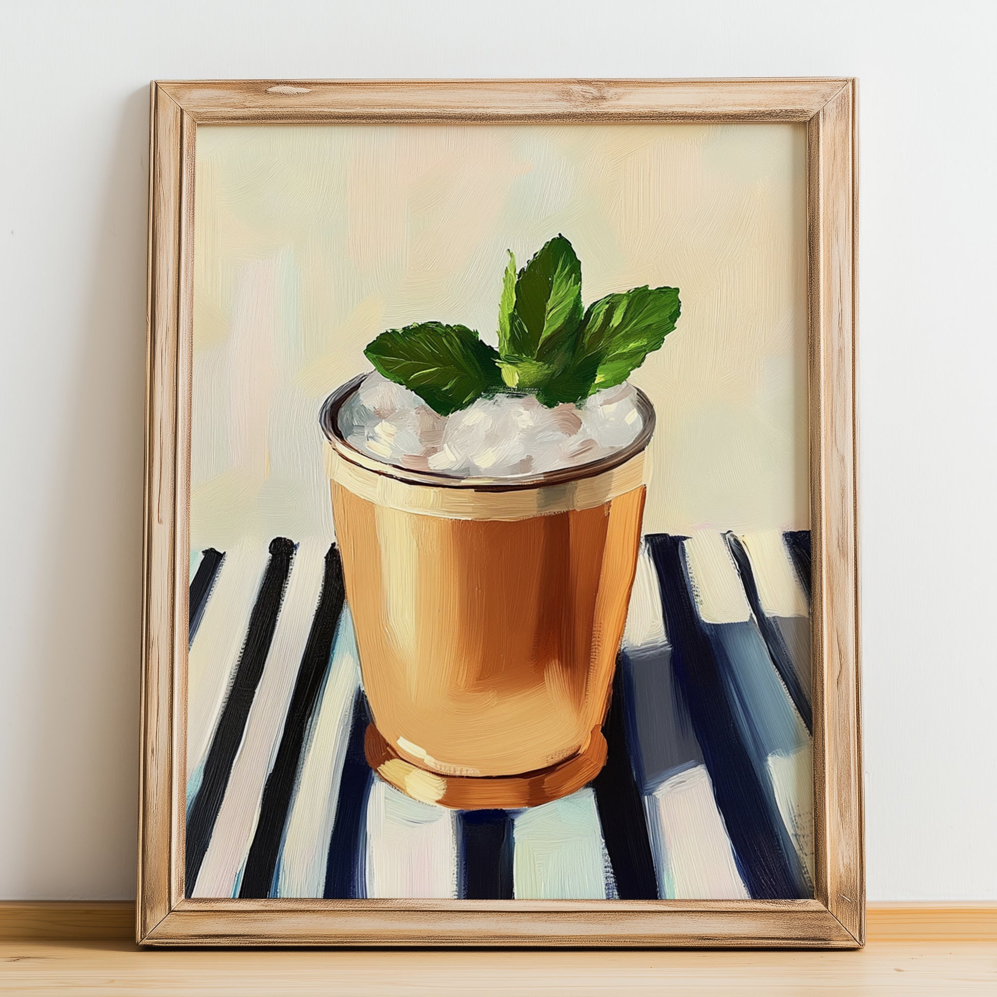 Mint Julep – on Striped Tablecloth, American Cocktail Wall Print, no-text version framed in wood