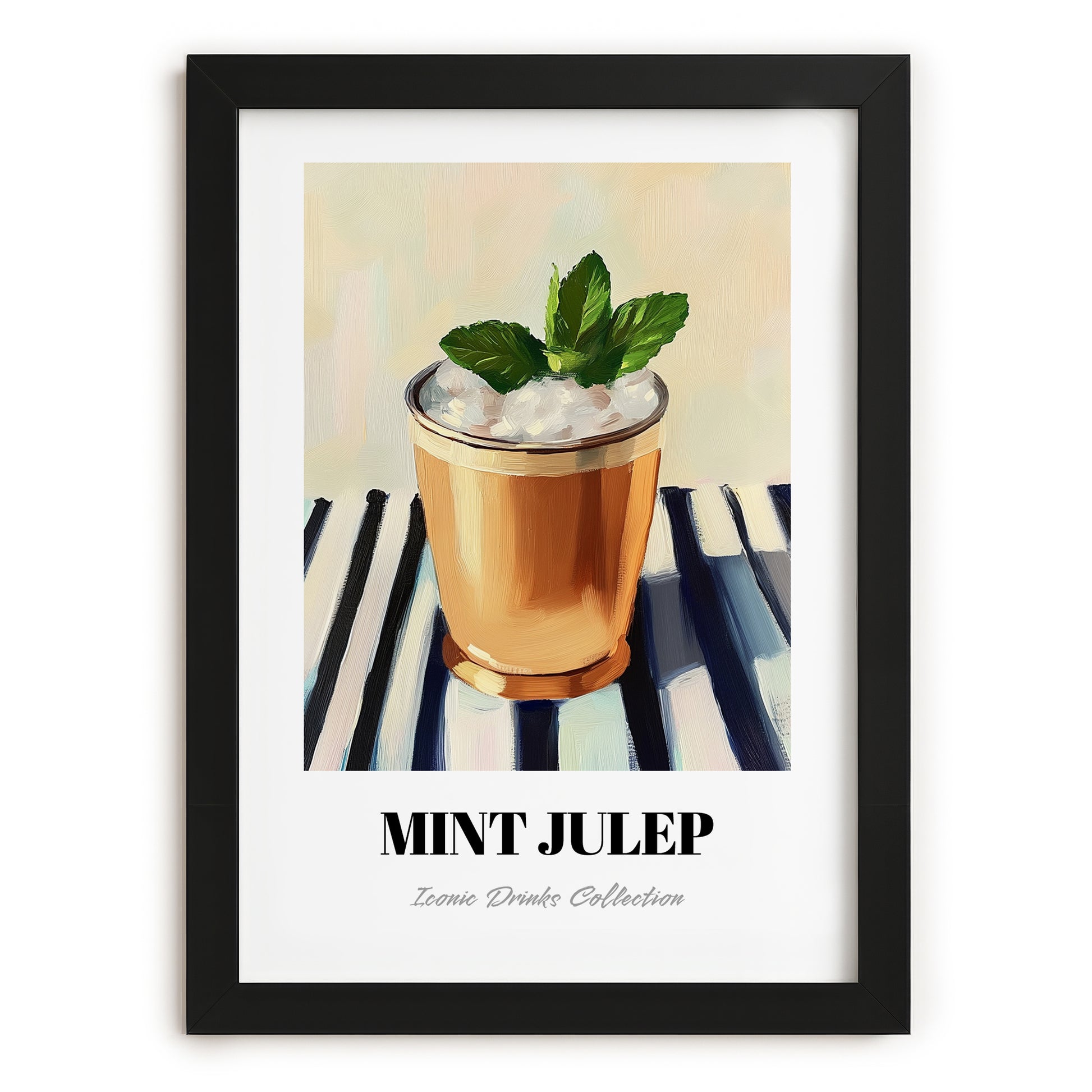Mint Julep – on Striped Tablecloth, American Cocktail Wall Print, in sleek black frame