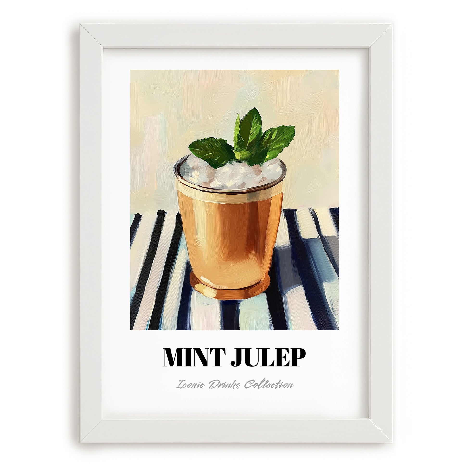 Mint Julep – on Striped Tablecloth, American Cocktail Wall Print, placed in minimal white frame