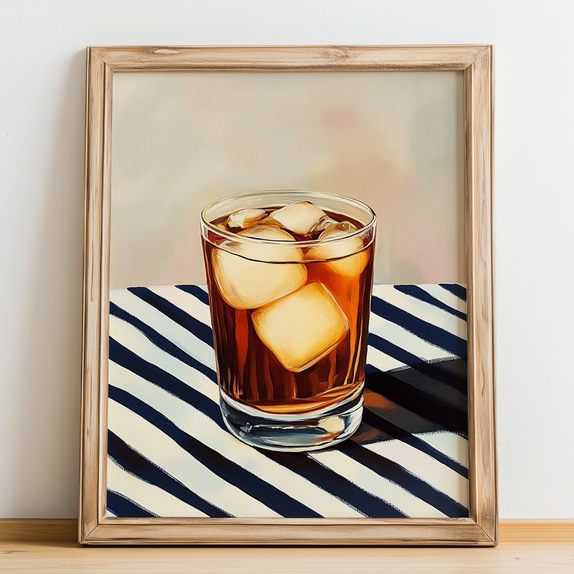 Long Island Iced – on Striped Tablecloth, American Cocktail Print, no-text version framed in wood