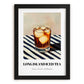 Long Island Iced – on Striped Tablecloth, American Cocktail Print, in sleek black frame