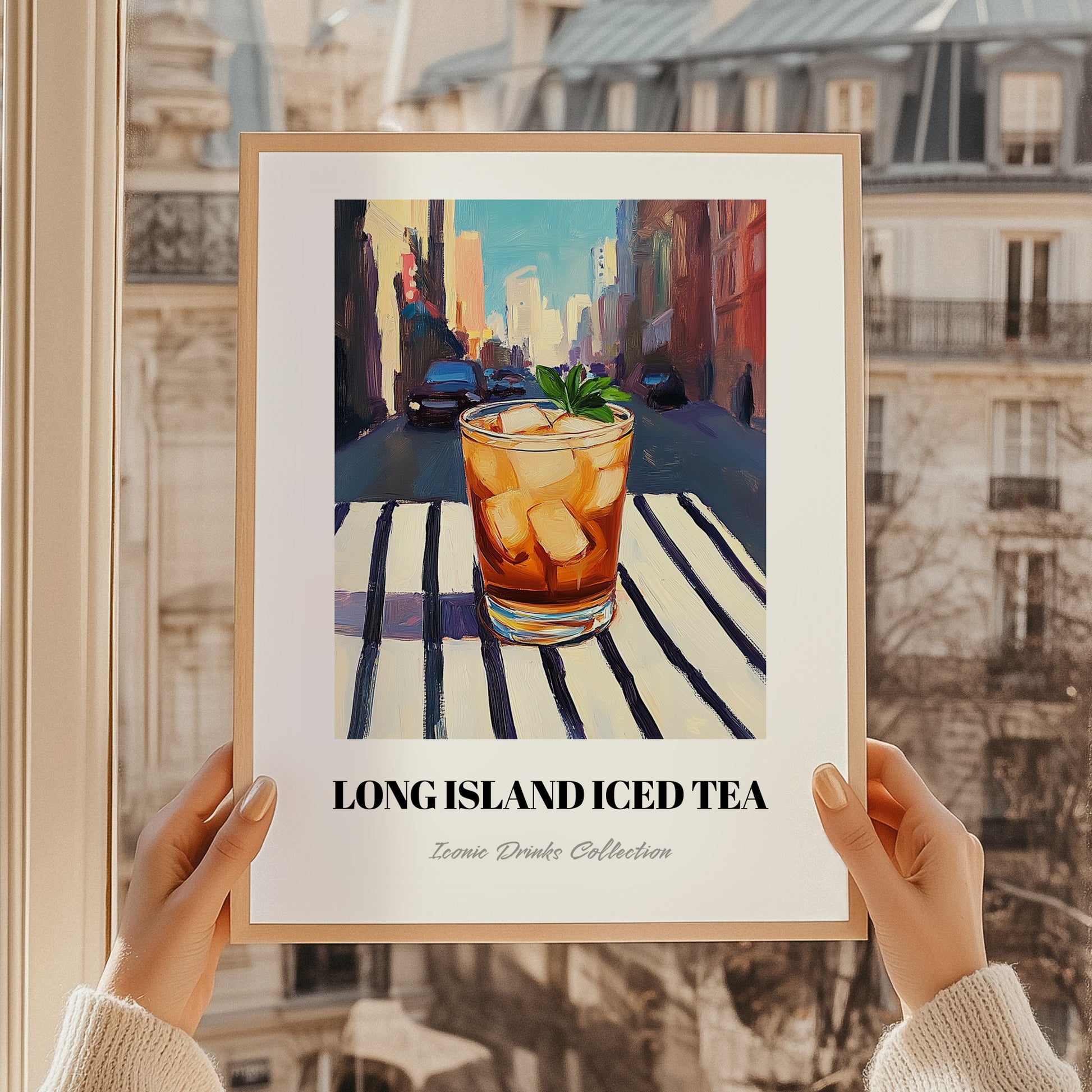 Long Island Iced – American Urban Café Scene, American Cocktail Painting, styled in a charming Paris street view