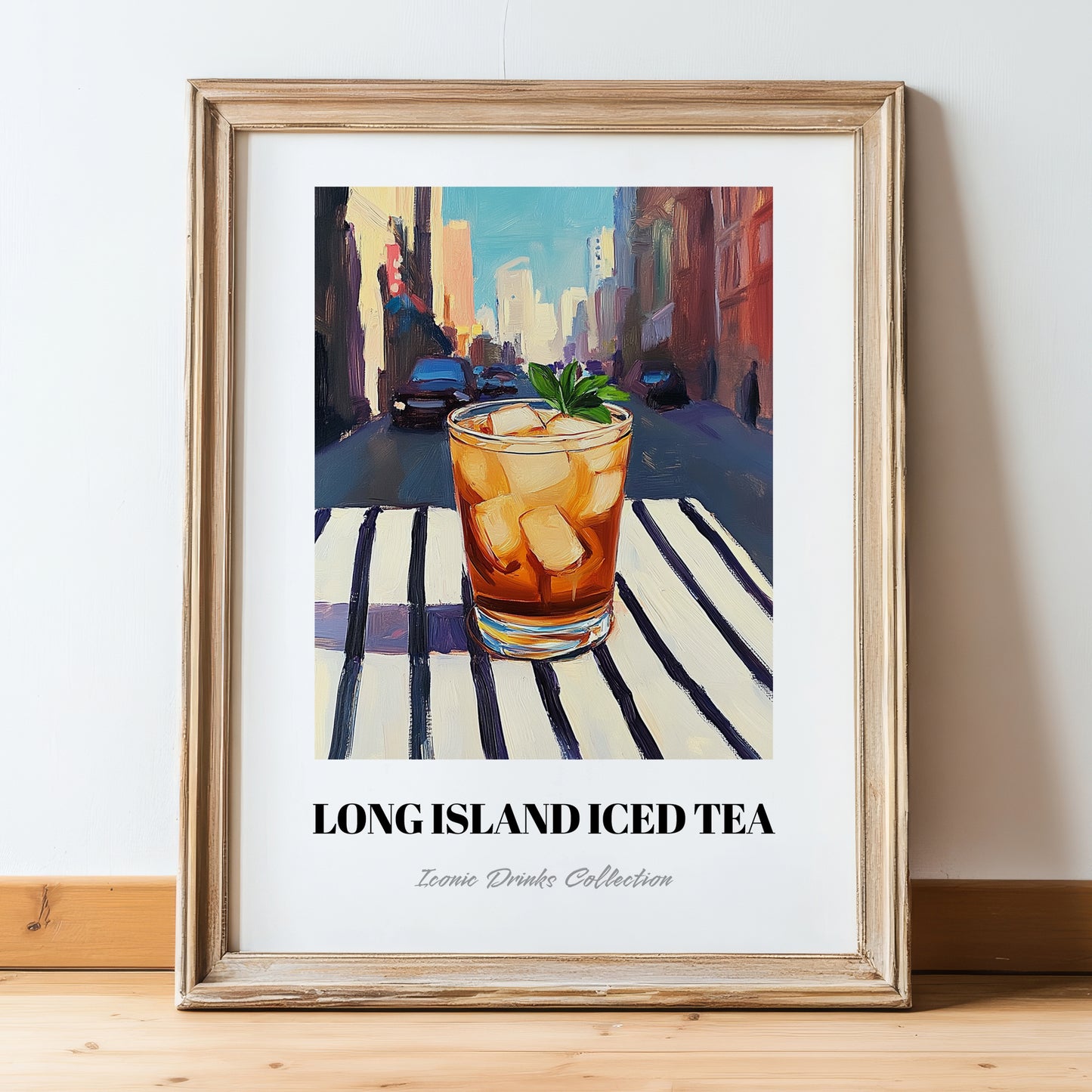 Long Island Iced – American Urban Café Scene, American Cocktail Painting, in wooden frame leaning on the floor