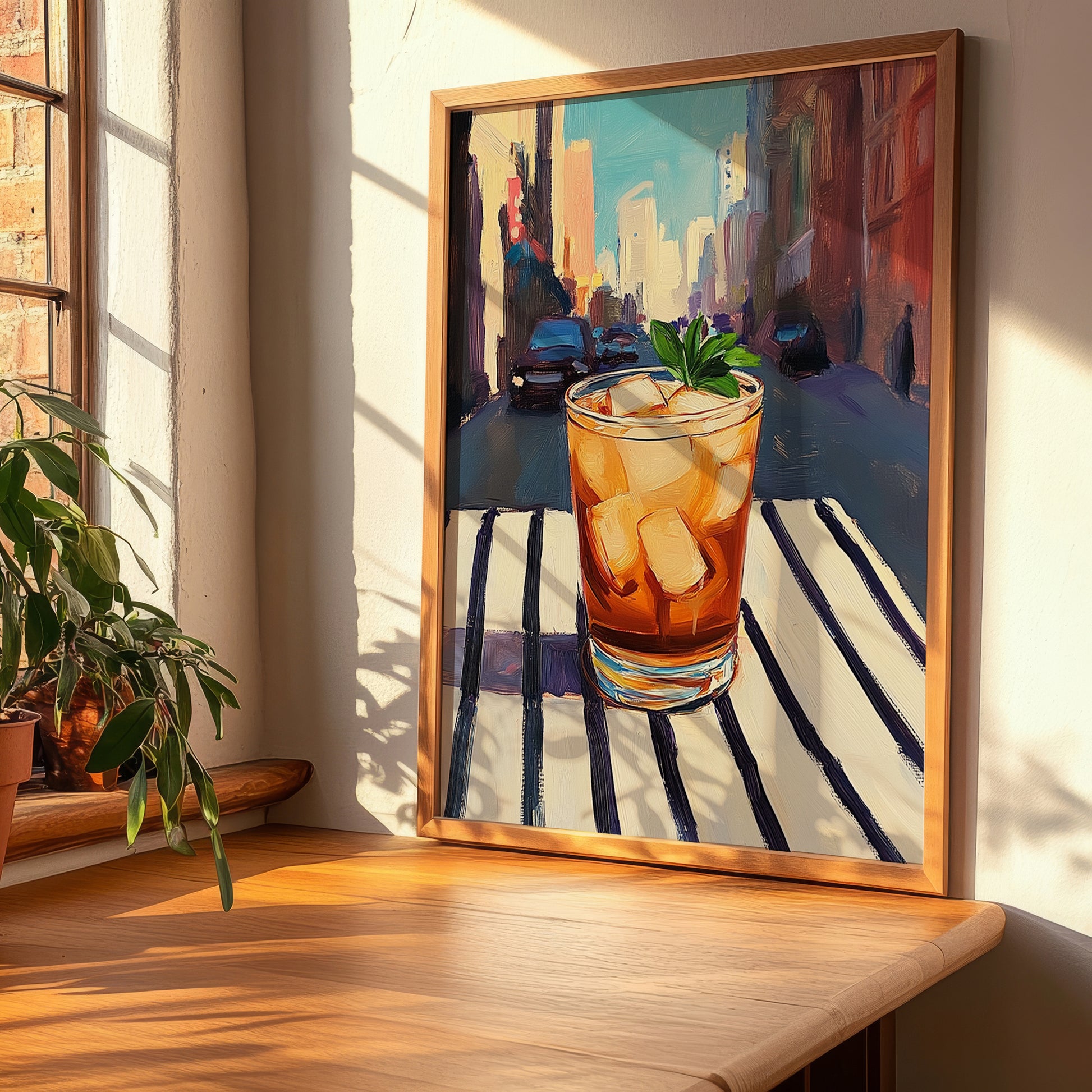 Long Island Iced – American Urban Café Scene, American Cocktail Painting, clean layout with no caption