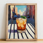 Long Island Iced – American Urban Café Scene, American Cocktail Painting, no-text version framed in wood