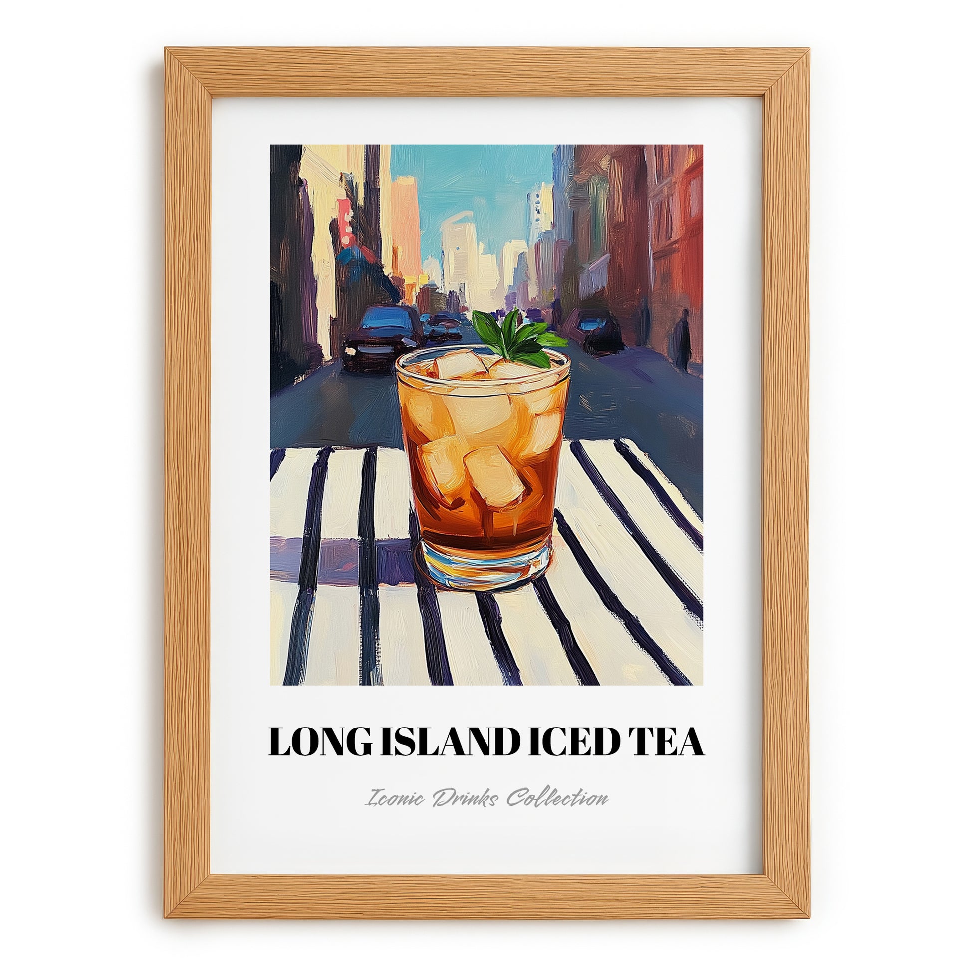 Long Island Iced – American Urban Café Scene, American Cocktail Painting, set in oak frame