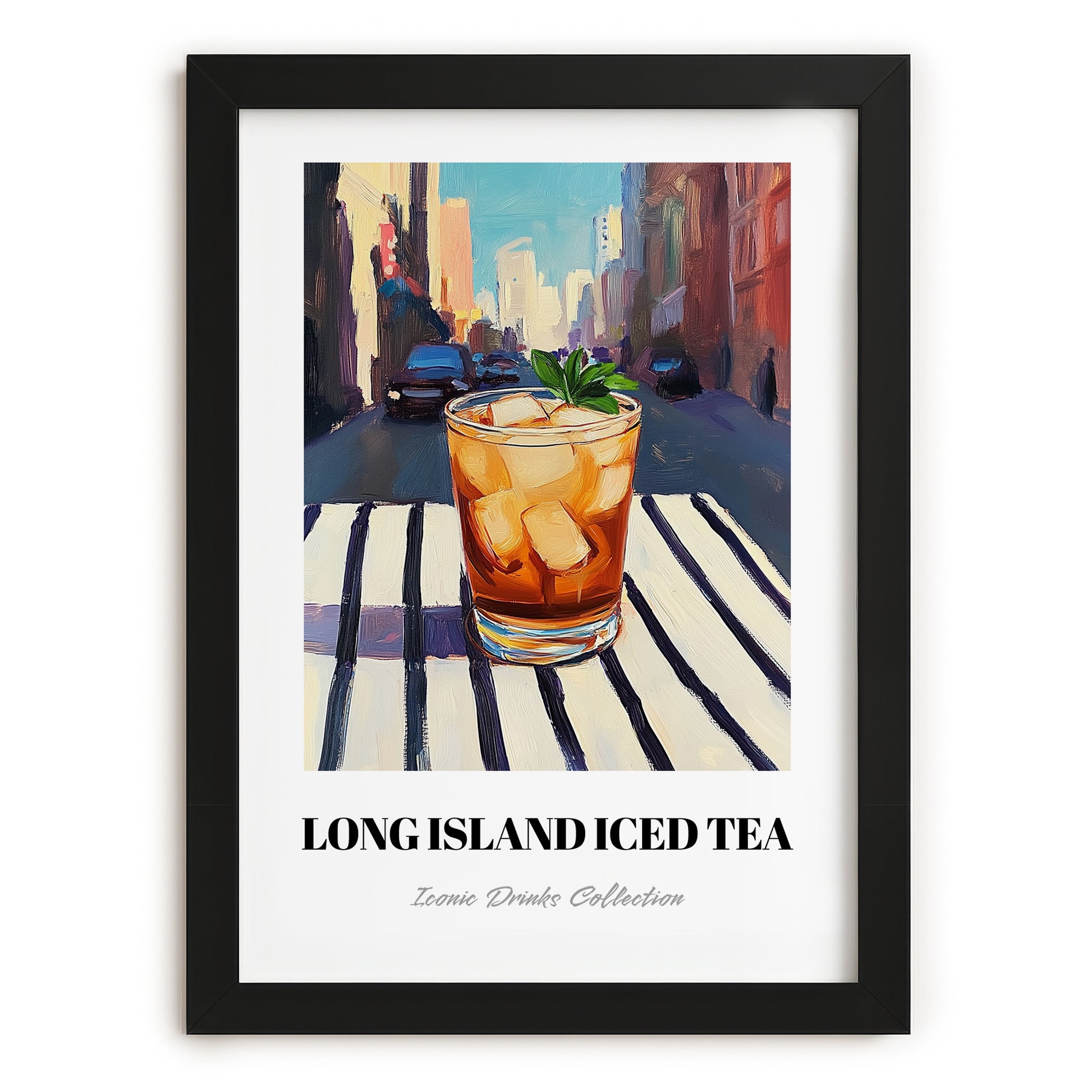 Long Island Iced – American Urban Café Scene, American Cocktail Painting, in sleek black frame