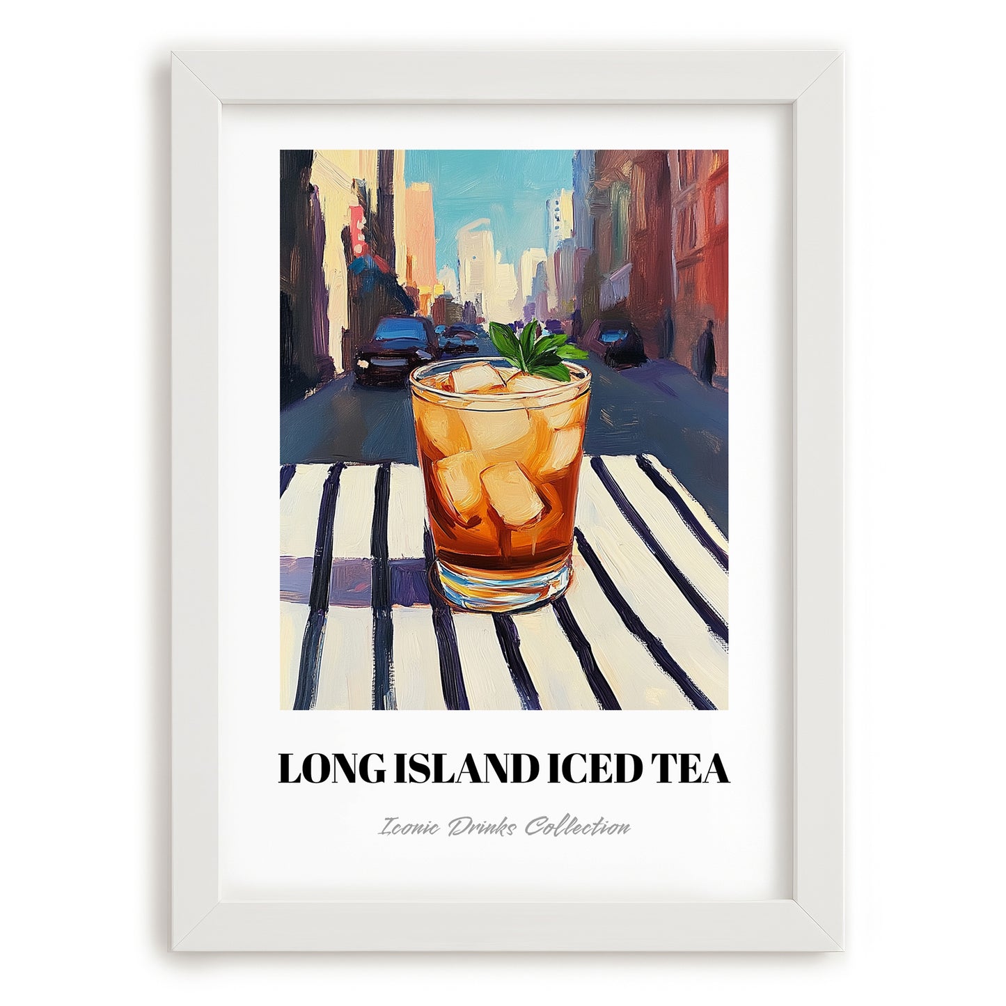 Long Island Iced – American Urban Café Scene, American Cocktail Painting, placed in minimal white frame