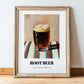 Root Beer – on Striped Tablecloth, American Beverage Wall Art, in wooden frame leaning on the floor