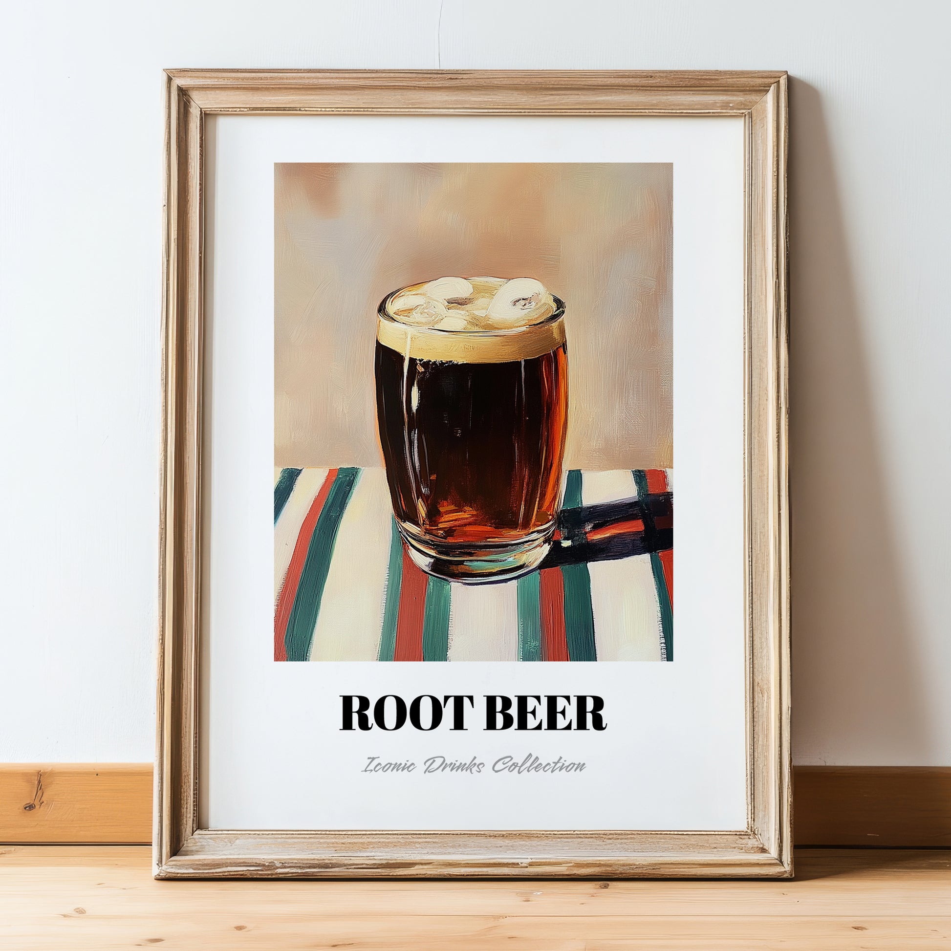 Root Beer – on Striped Tablecloth, American Beverage Wall Art, in wooden frame leaning on the floor