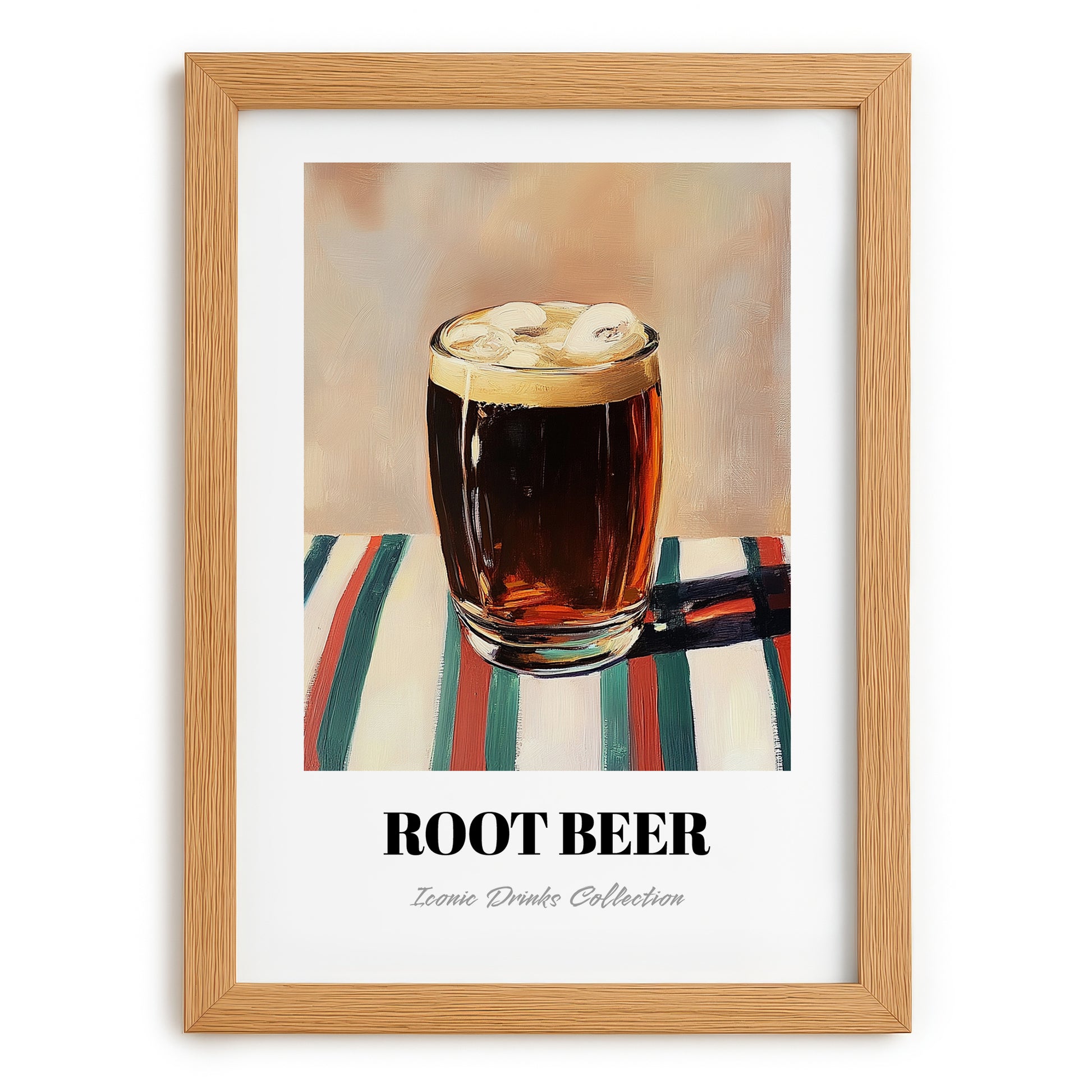 Root Beer – on Striped Tablecloth, American Beverage Wall Art, set in oak frame