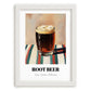Root Beer – on Striped Tablecloth, American Beverage Wall Art, placed in minimal white frame