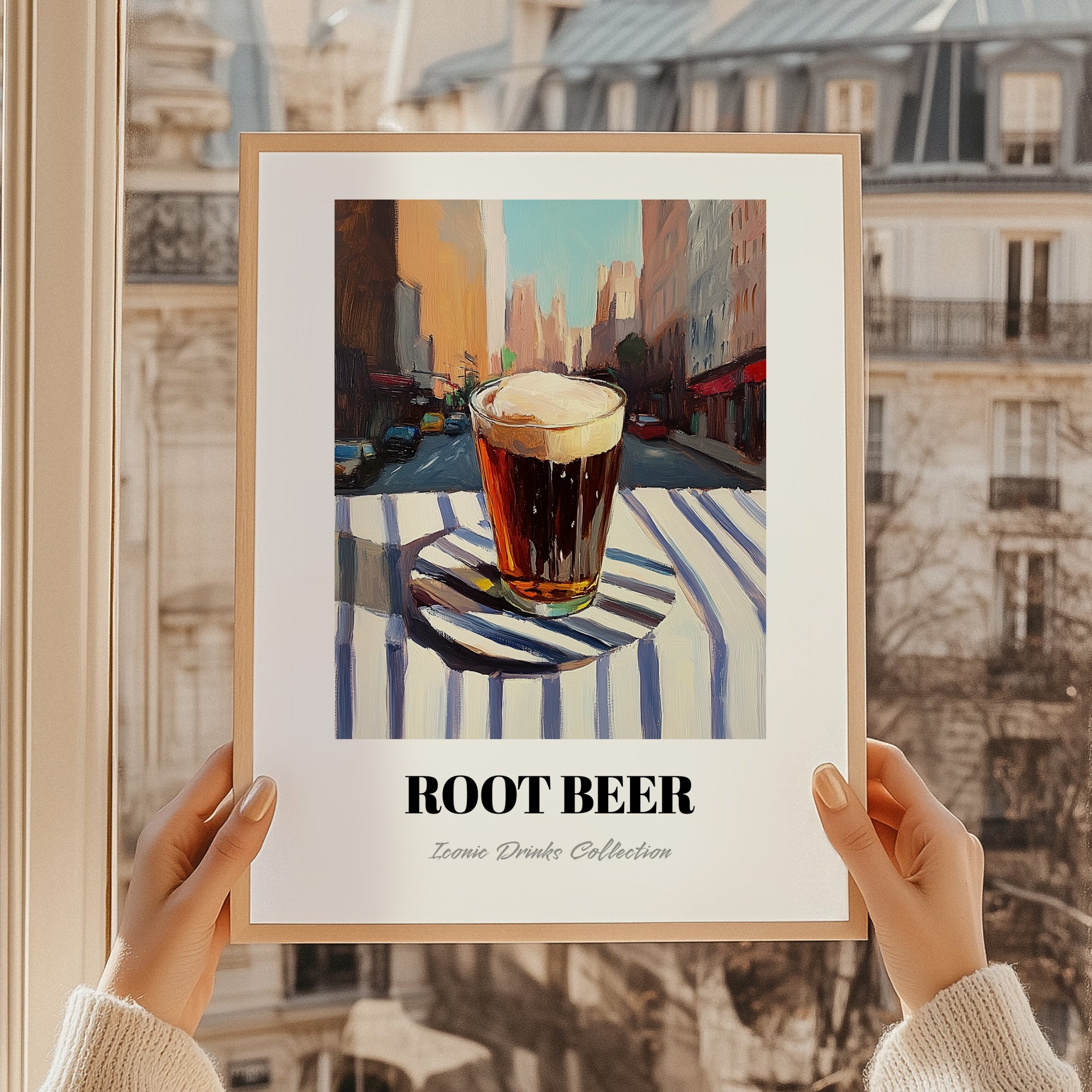 Root Beer – American Café on the Corner, American Beverage Print, styled in a charming Paris street view