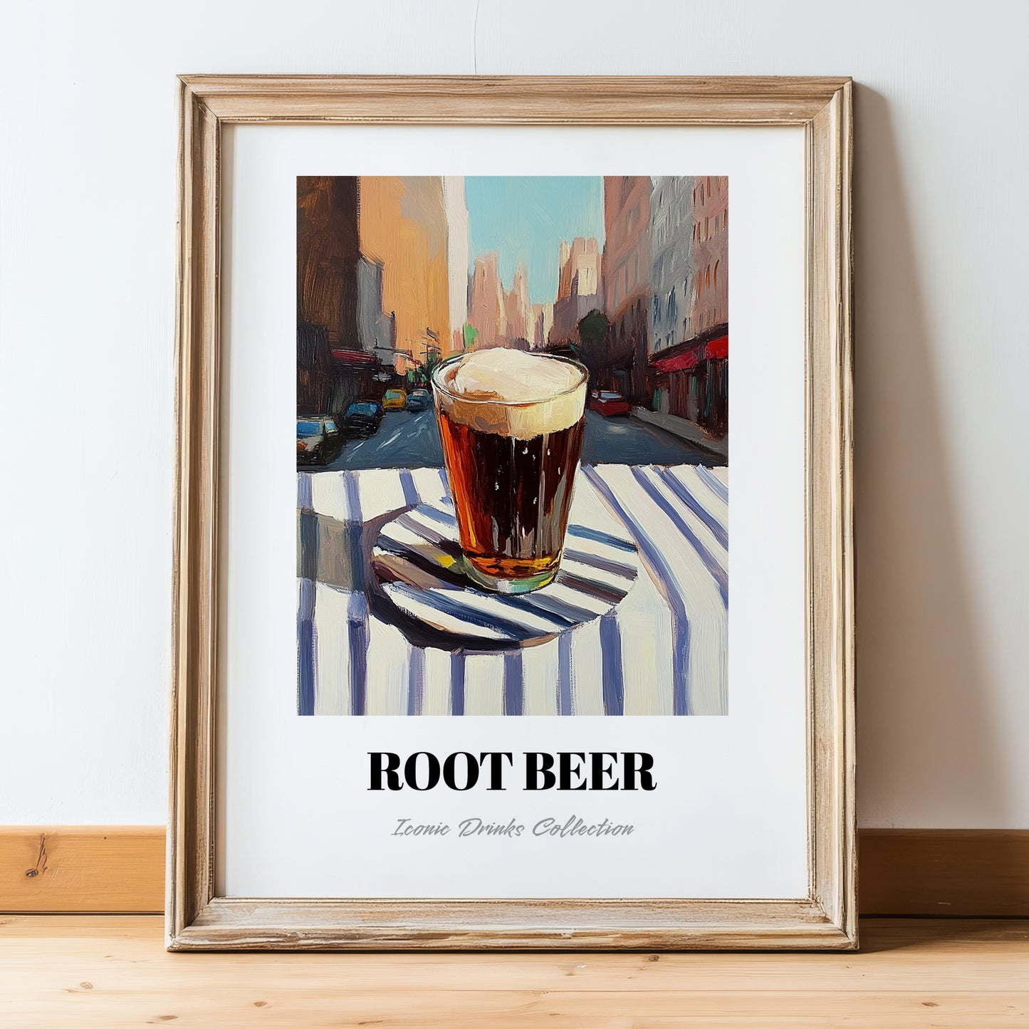 Root Beer – American Café on the Corner, American Beverage Print, in wooden frame leaning on the floor